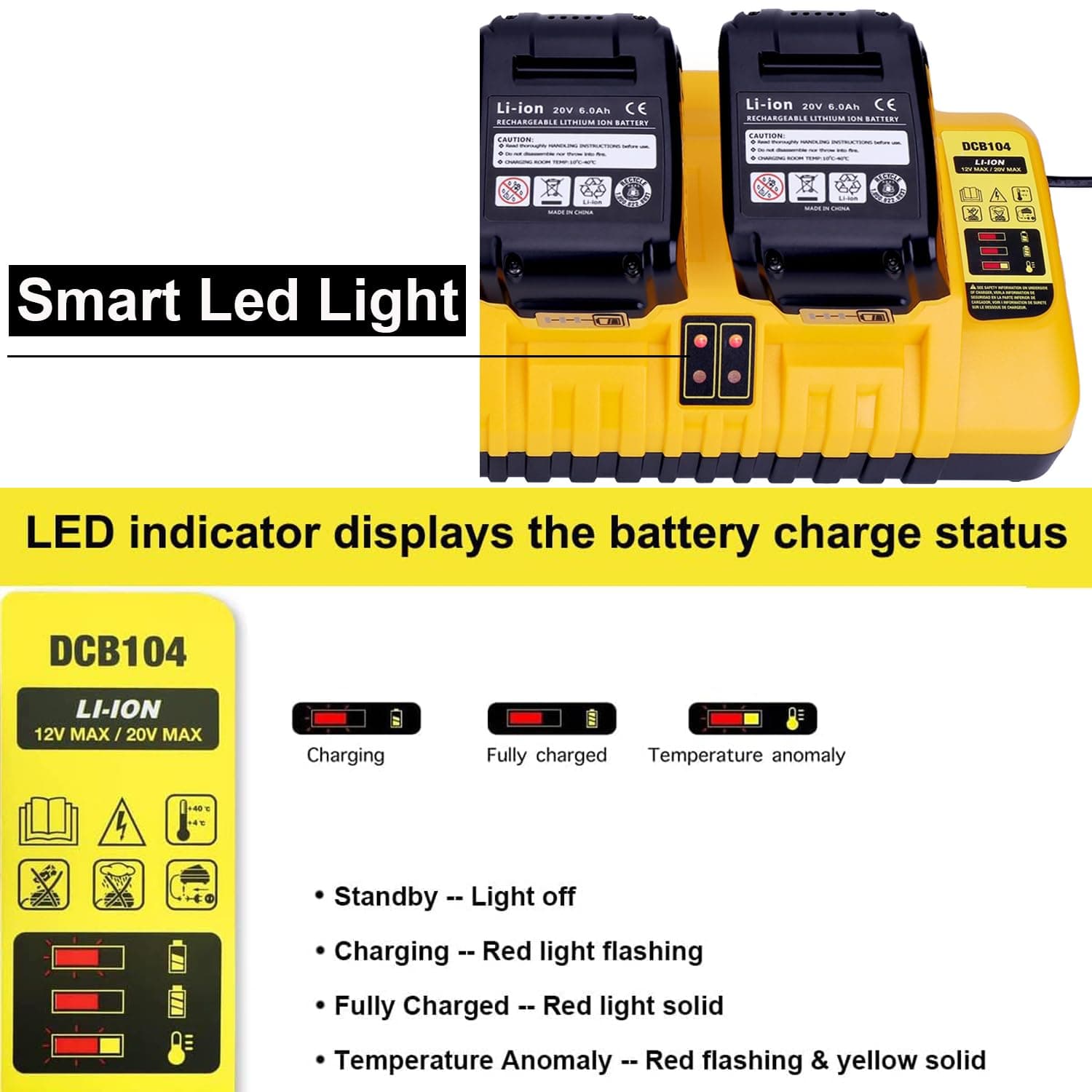 4-Ports Rapid Charger Replacement for Dewalt 12V 20V Max DCB104 Battery Charger - Thumbnail 4