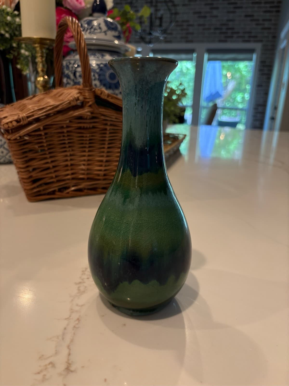 MCM Blue Green Drip Glaze Ceramic Bud Vase Studio Art Pottery - Thumbnail 4