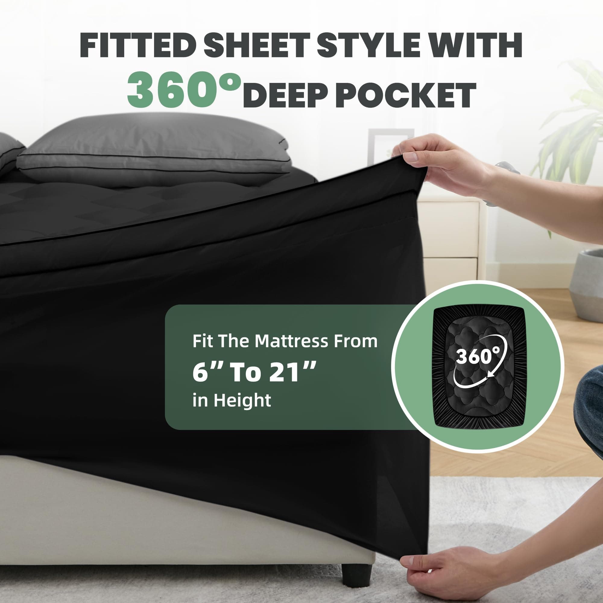 BDEUS King Mattress Pad Topper 21" Deep Pocket 1450GSM Four Leaf Clover Black - Thumbnail 8