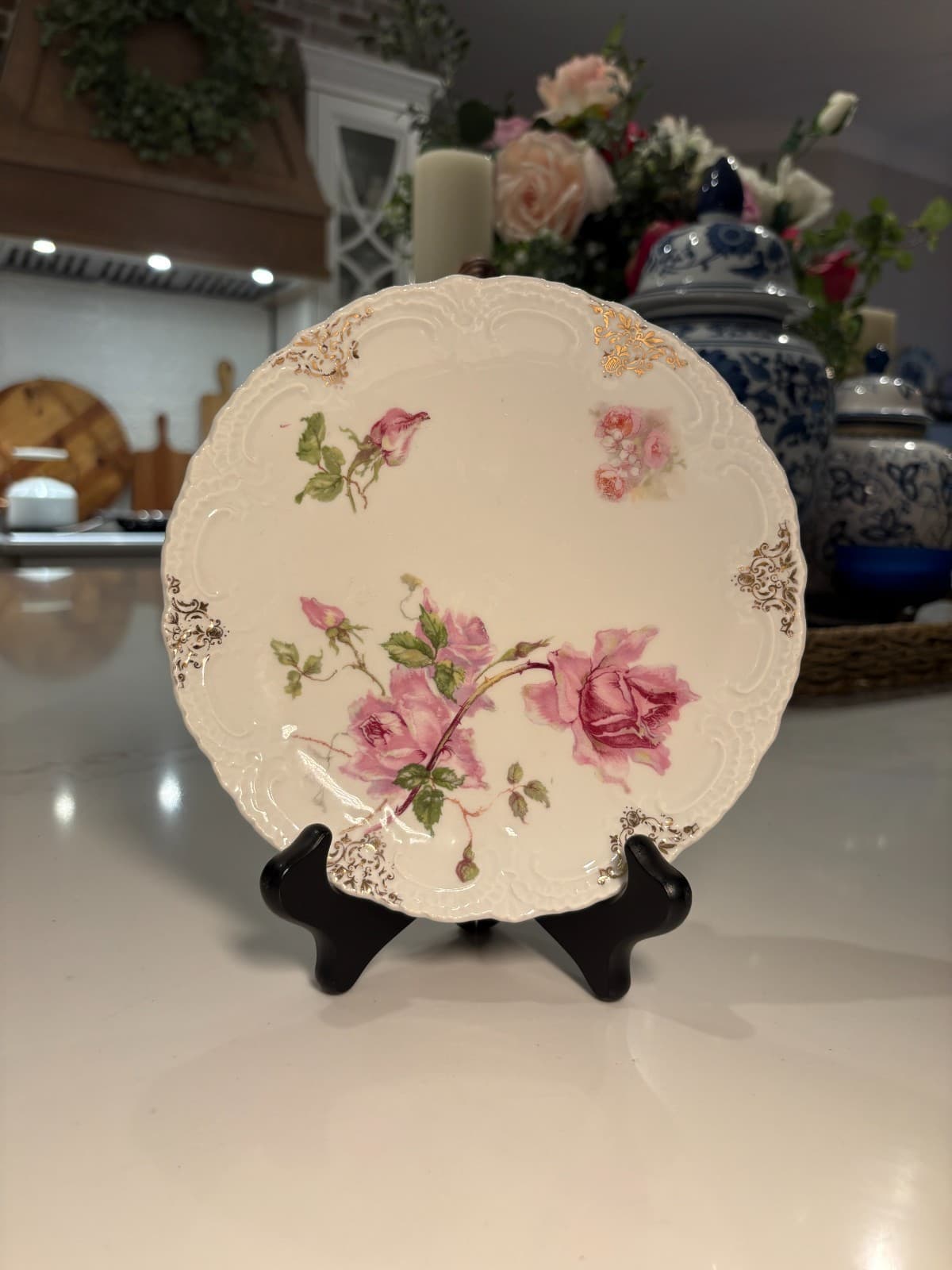 Bavaria German Porcelain Scalloped Plate Pink Roses Gold Trim Gilt