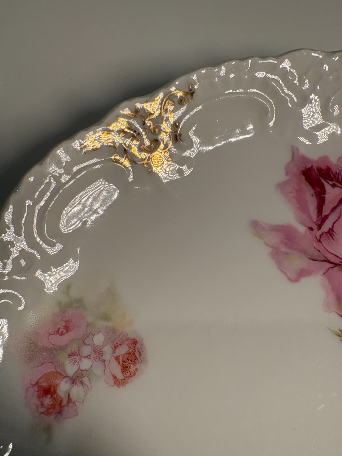 Bavaria German Porcelain Scalloped Plate Pink Roses Gold Trim Gilt - Thumbnail 2