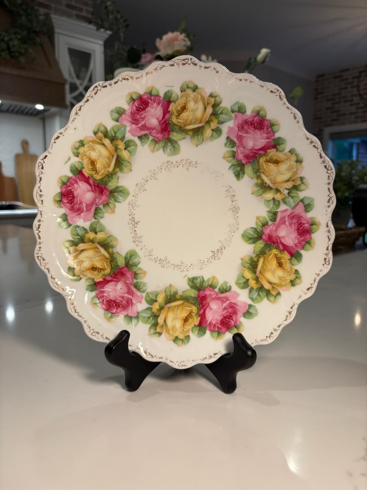 Z.S. & Co Bavaria Punch Rose Plate Pink Yellow Scalloped Gold Edge