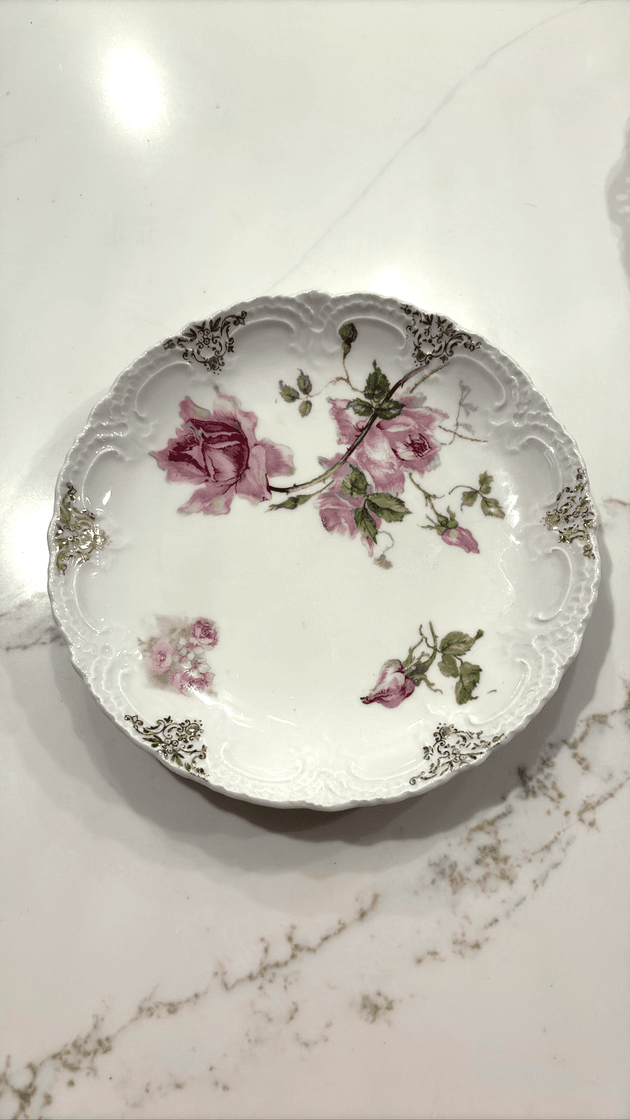 Bavaria German Porcelain Scalloped Plate Pink Roses Gold Trim Gilt - Thumbnail 5