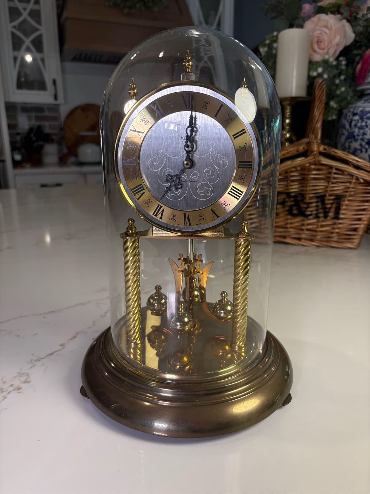 Vintage German "400 Day Anniversary" Torsion Clock Brass Glass Dome Mantel - Thumbnail 2