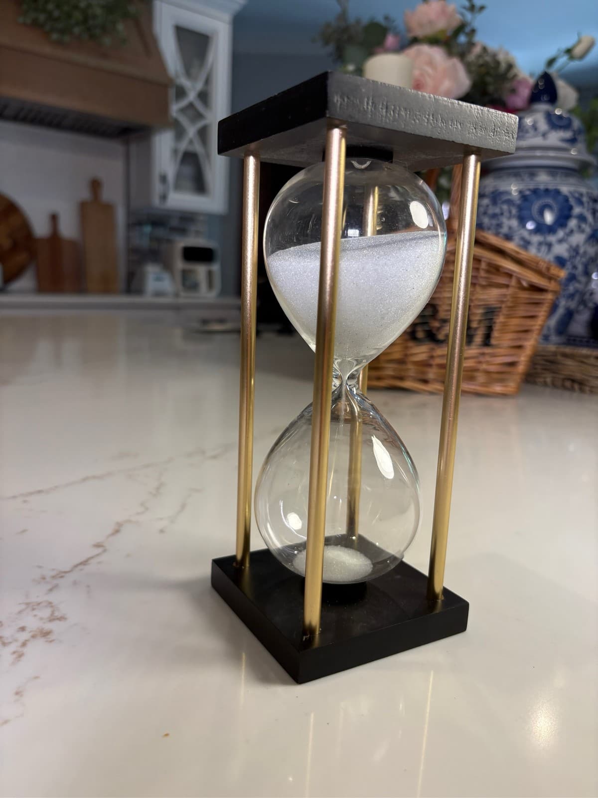 Modern Brass Hourglass Sand Timer Black Wood Base White Sand Glass