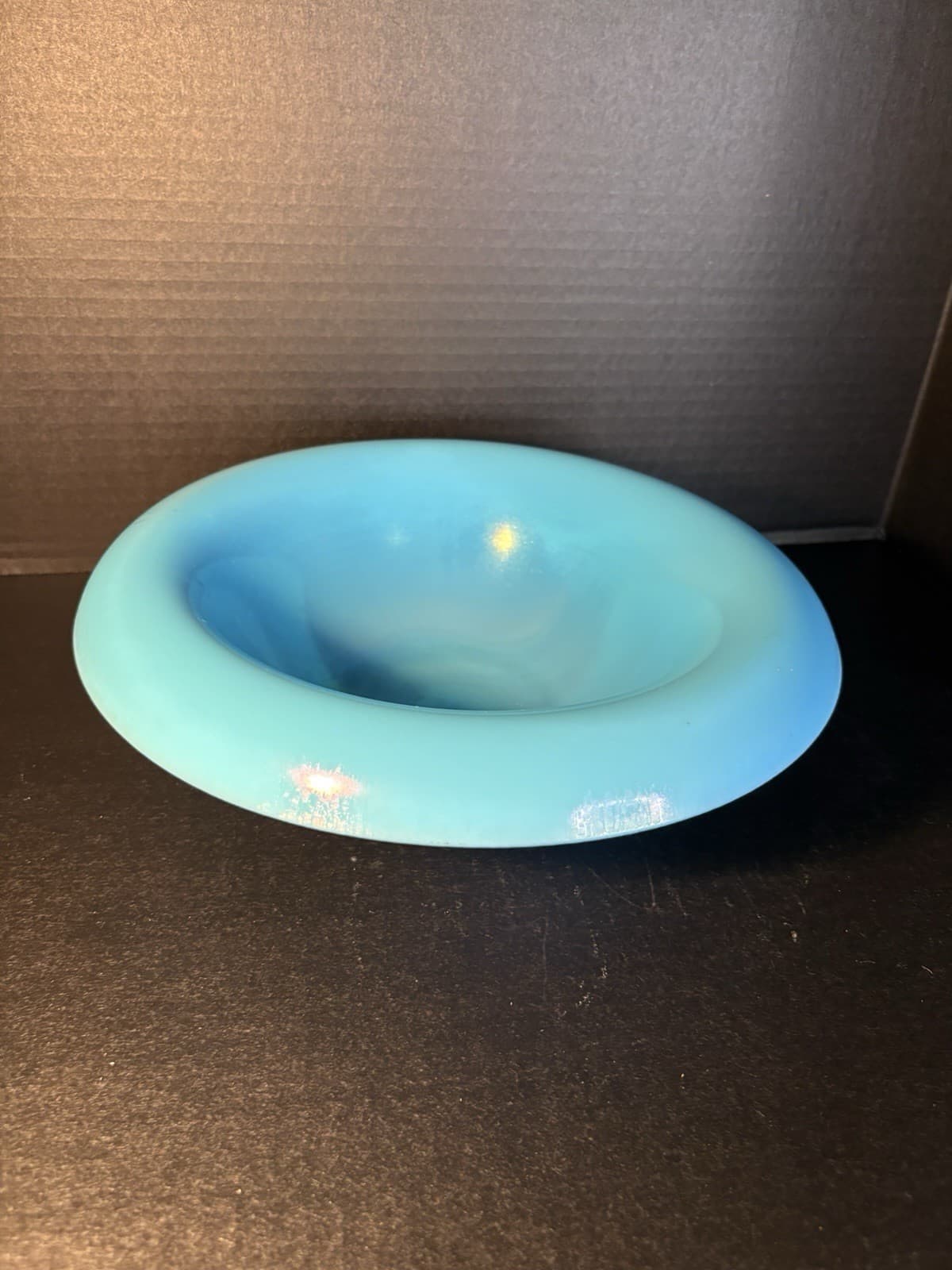 NORTHWOOD STRETCH GLASS BLUE ROLLED RIM BOWL VINTAGE 11.25” - Thumbnail 3