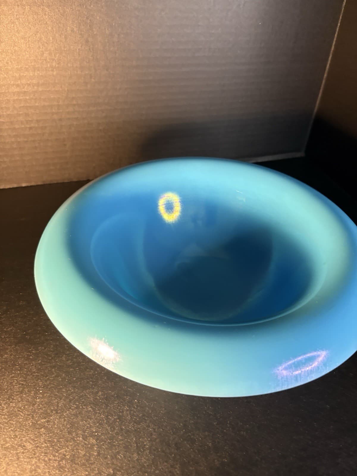 NORTHWOOD STRETCH GLASS BLUE ROLLED RIM BOWL VINTAGE 11.25” - Thumbnail 4
