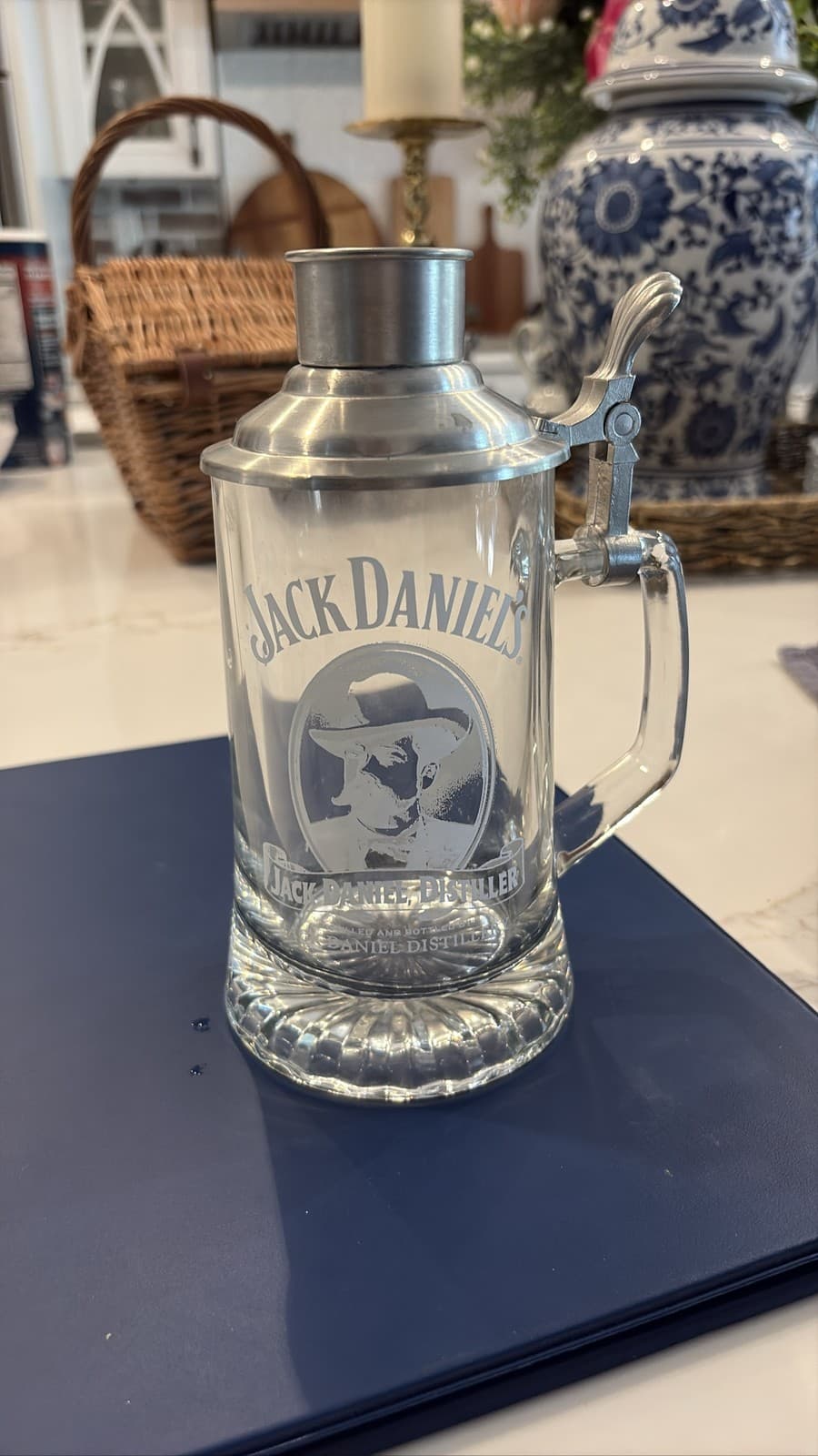 Jack Daniel's Clear Glass Beer Stein with Pewter Lid and Shot Glass