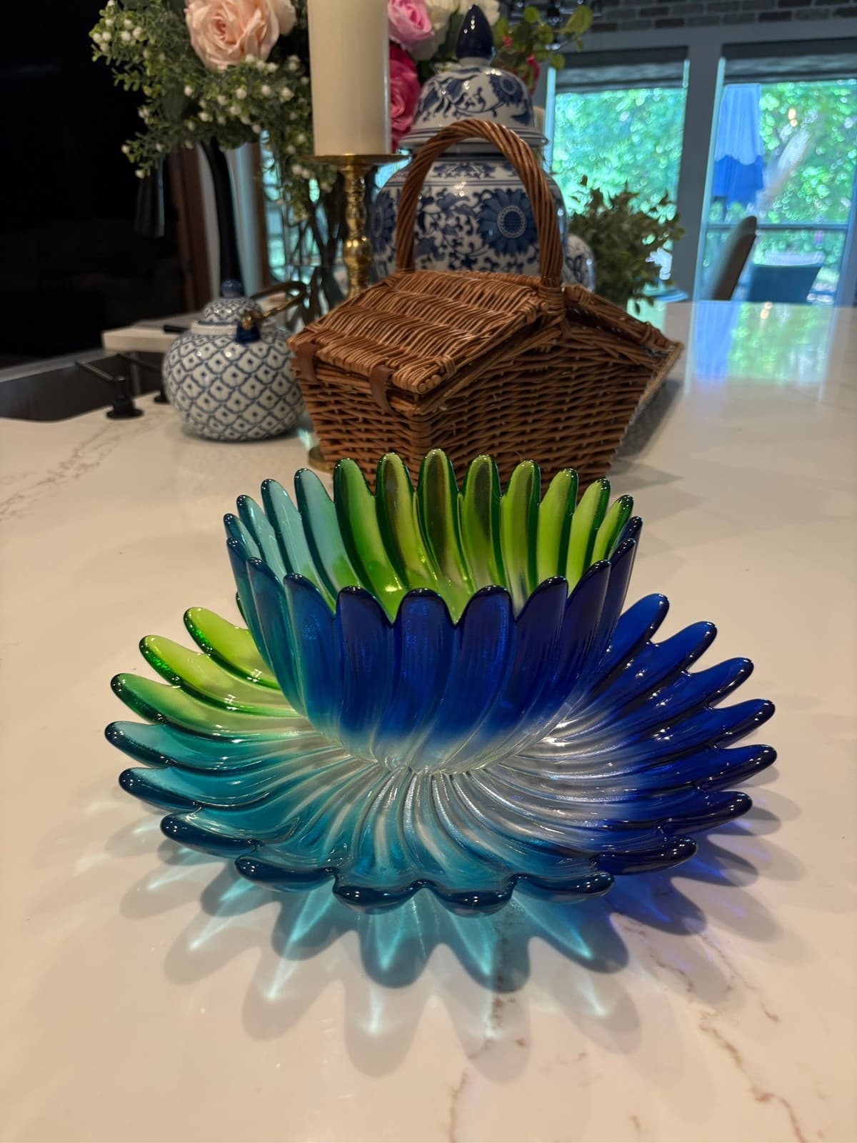 Walther Glas Solaris Swirl Blue Green Petal Bowl & Plate Set Germany