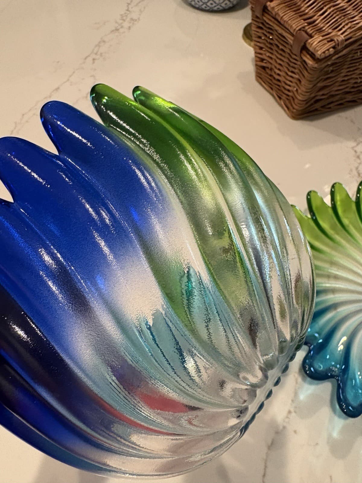 Walther Glas Solaris Swirl Blue Green Petal Bowl & Plate Set Germany - Thumbnail 3