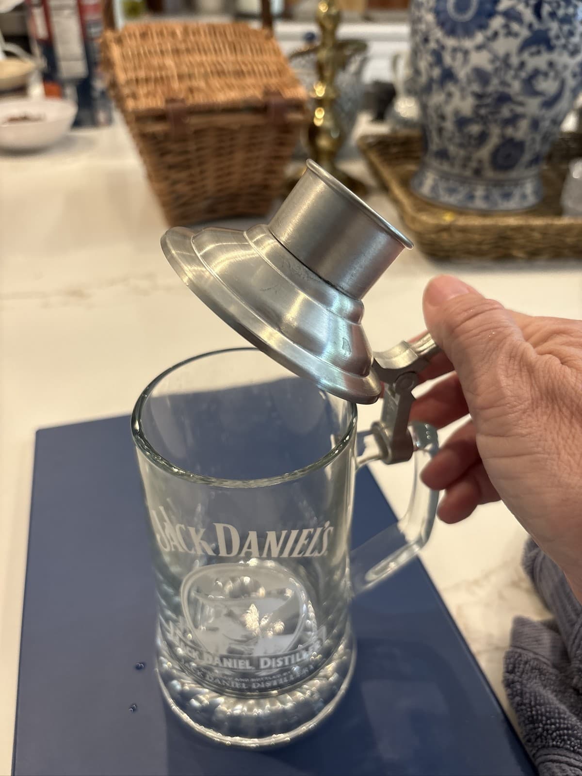 Jack Daniel's Clear Glass Beer Stein with Pewter Lid and Shot Glass - Thumbnail 2