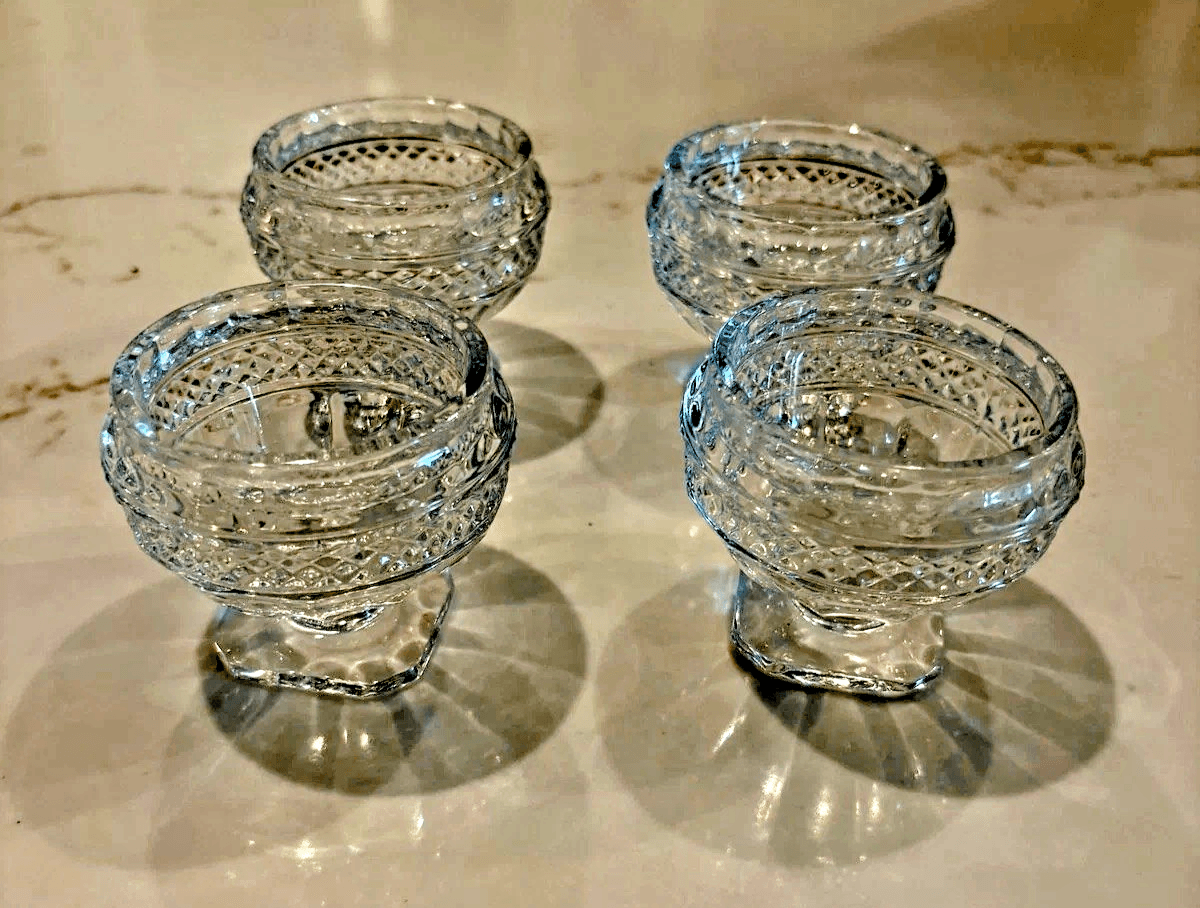 4 Lead Shannon Crystal Footed Master Salt Cellar Glass Dip Dish Diamond Pattern