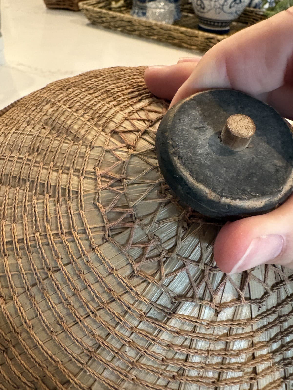 Vintage Handwoven Bamboo Conical Hat Boho Wall Decor Folk Art Woven Basket - Thumbnail 2