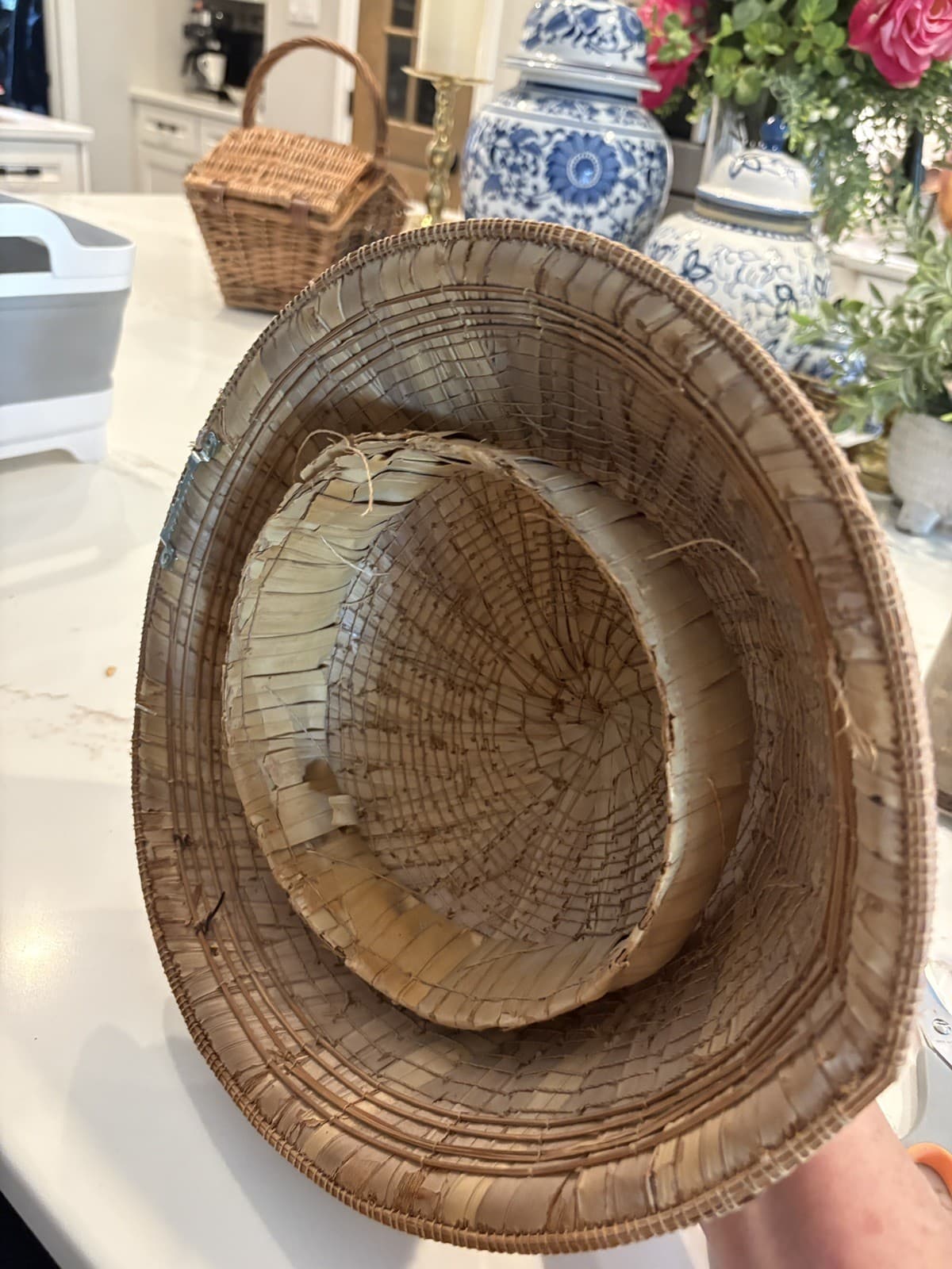 Vintage Handwoven Bamboo Conical Hat Boho Wall Decor Folk Art Woven Basket - Thumbnail 3
