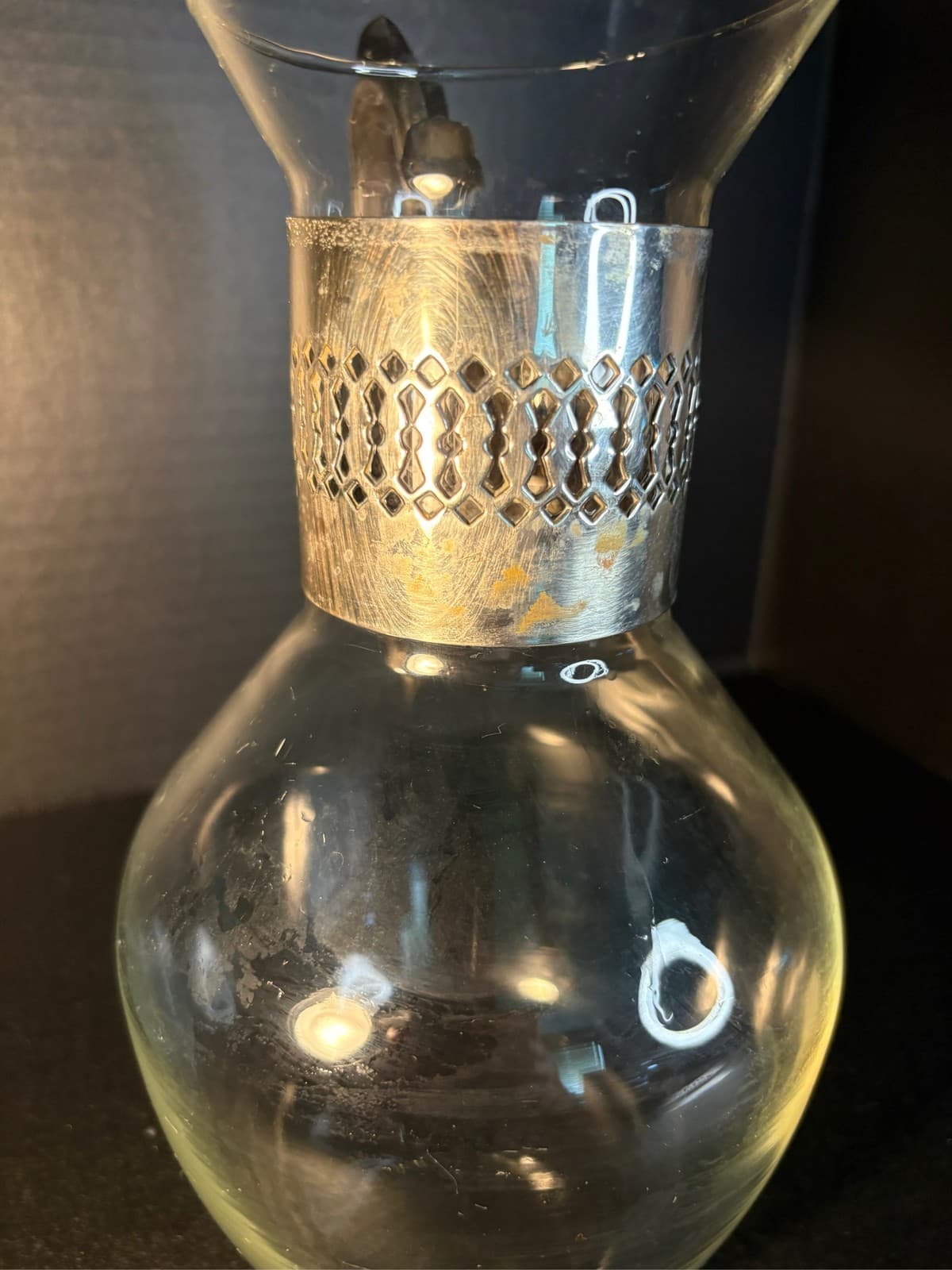 Corning Heat Resistant Glass Carafe Silver Plated Ornate Filigree Handle - Thumbnail 2