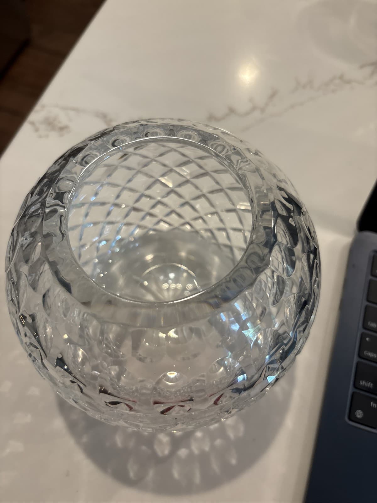 Heavy Cut Crystal Rose Bowl Vase Diamond and Oval Pattern Globe - Thumbnail 2