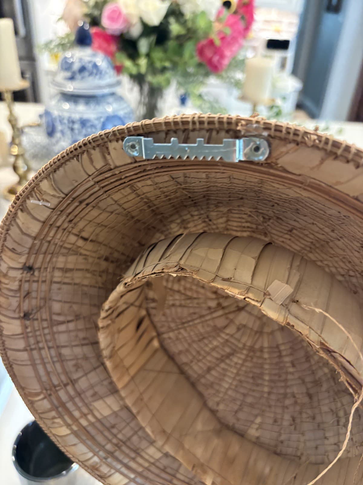 Vintage Handwoven Bamboo Conical Hat Boho Wall Decor Folk Art Woven Basket - Thumbnail 5