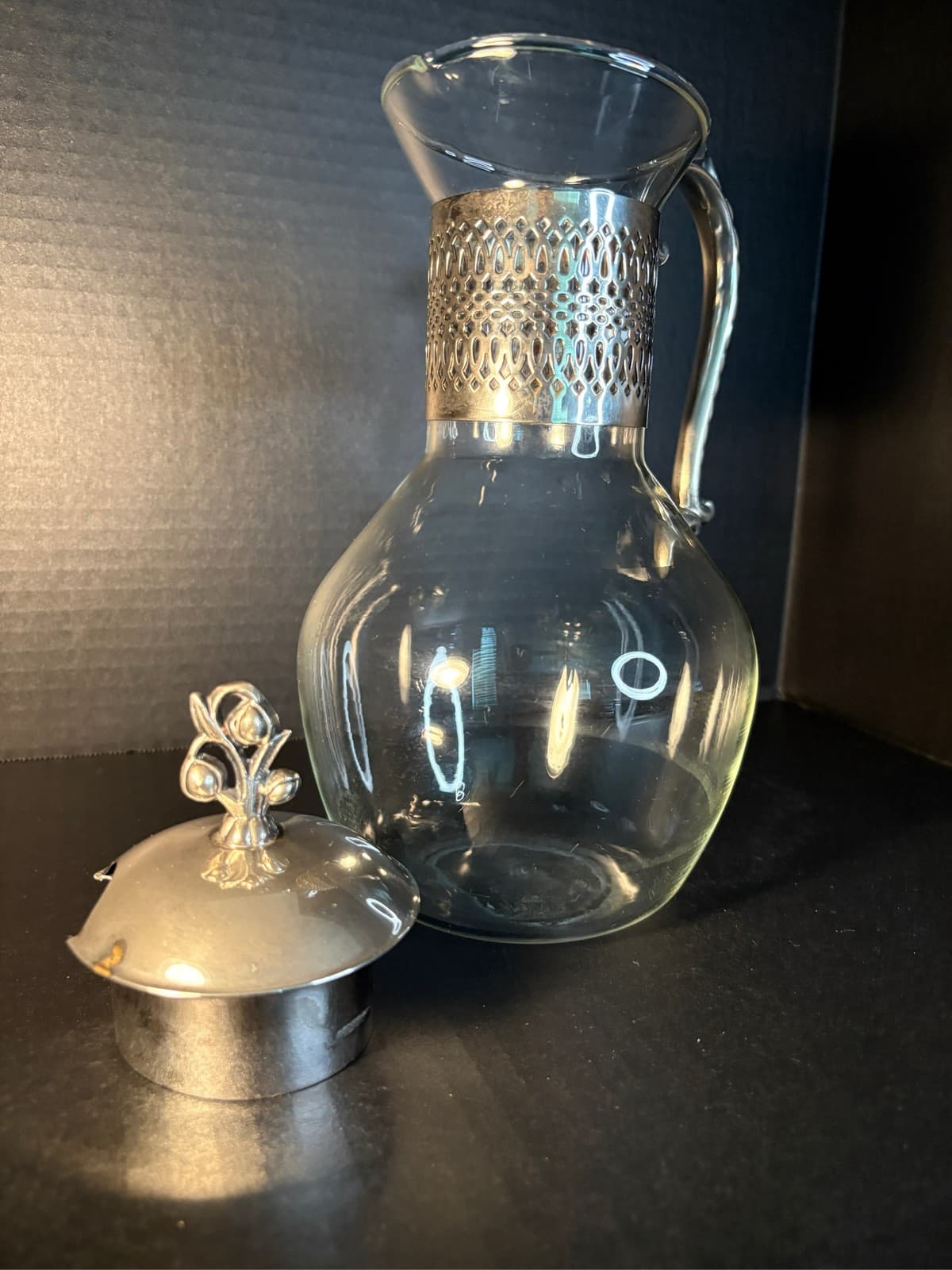 Silver Plated and Glass Claret Decanter Pitcher Carafe with Lid - Thumbnail 4