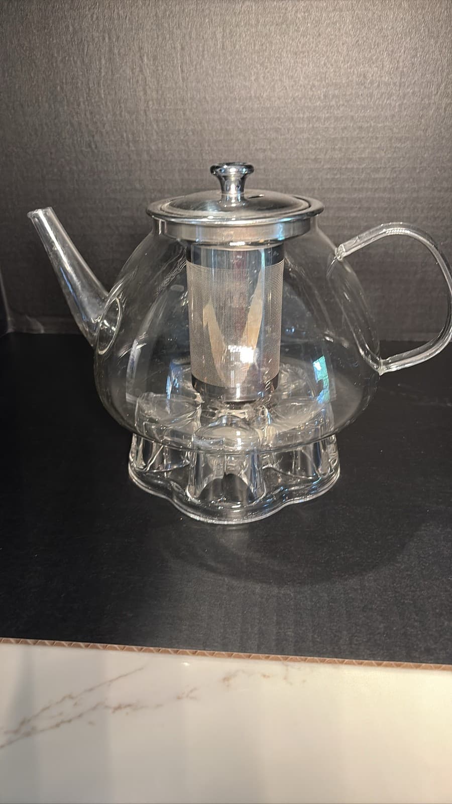 Clear Glass Teapot Warmer Stand Heart Shaped Pillar Candle Holder