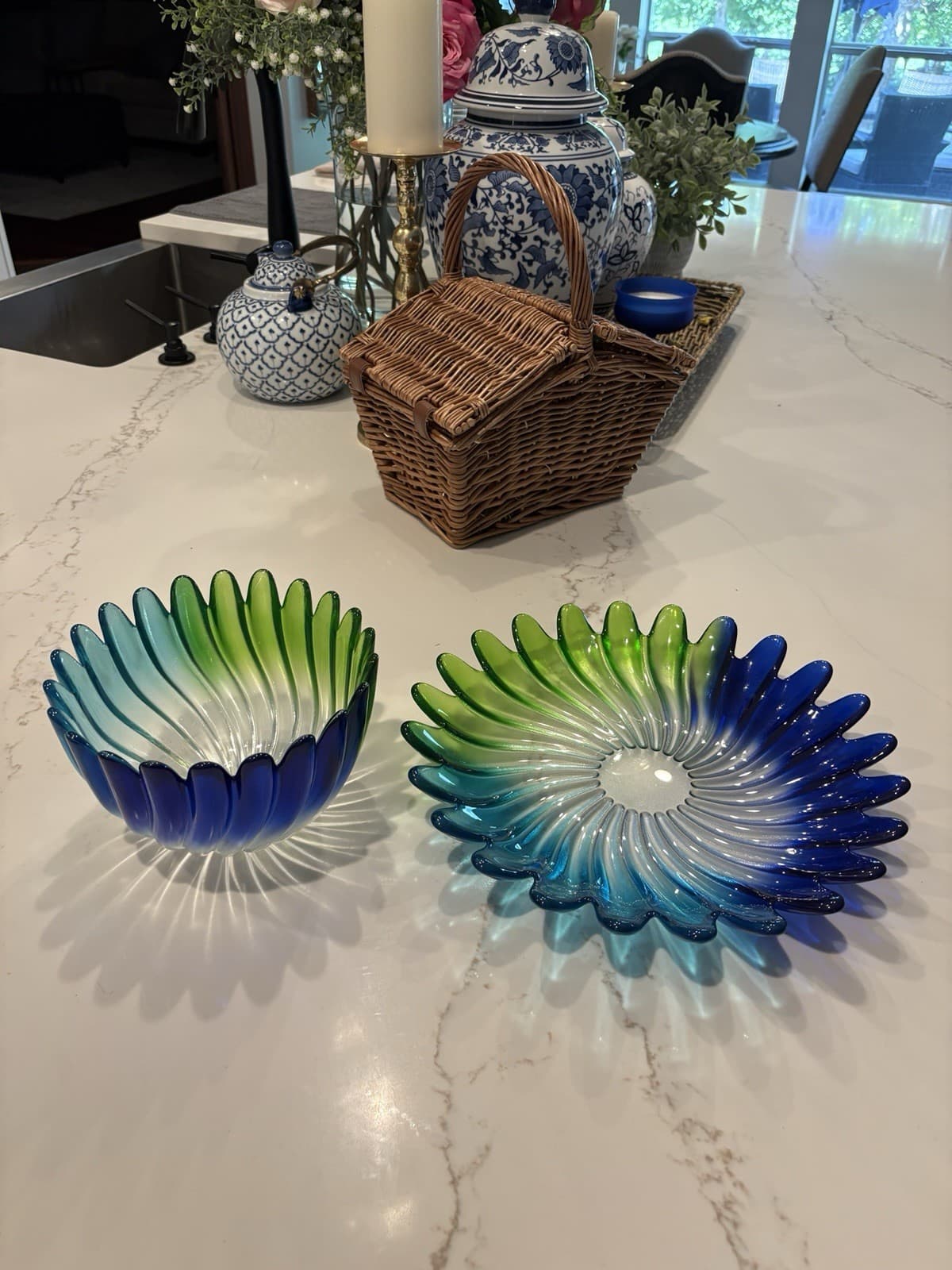 Walther Glas Solaris Swirl Blue Green Petal Bowl & Plate Set Germany - Thumbnail 2