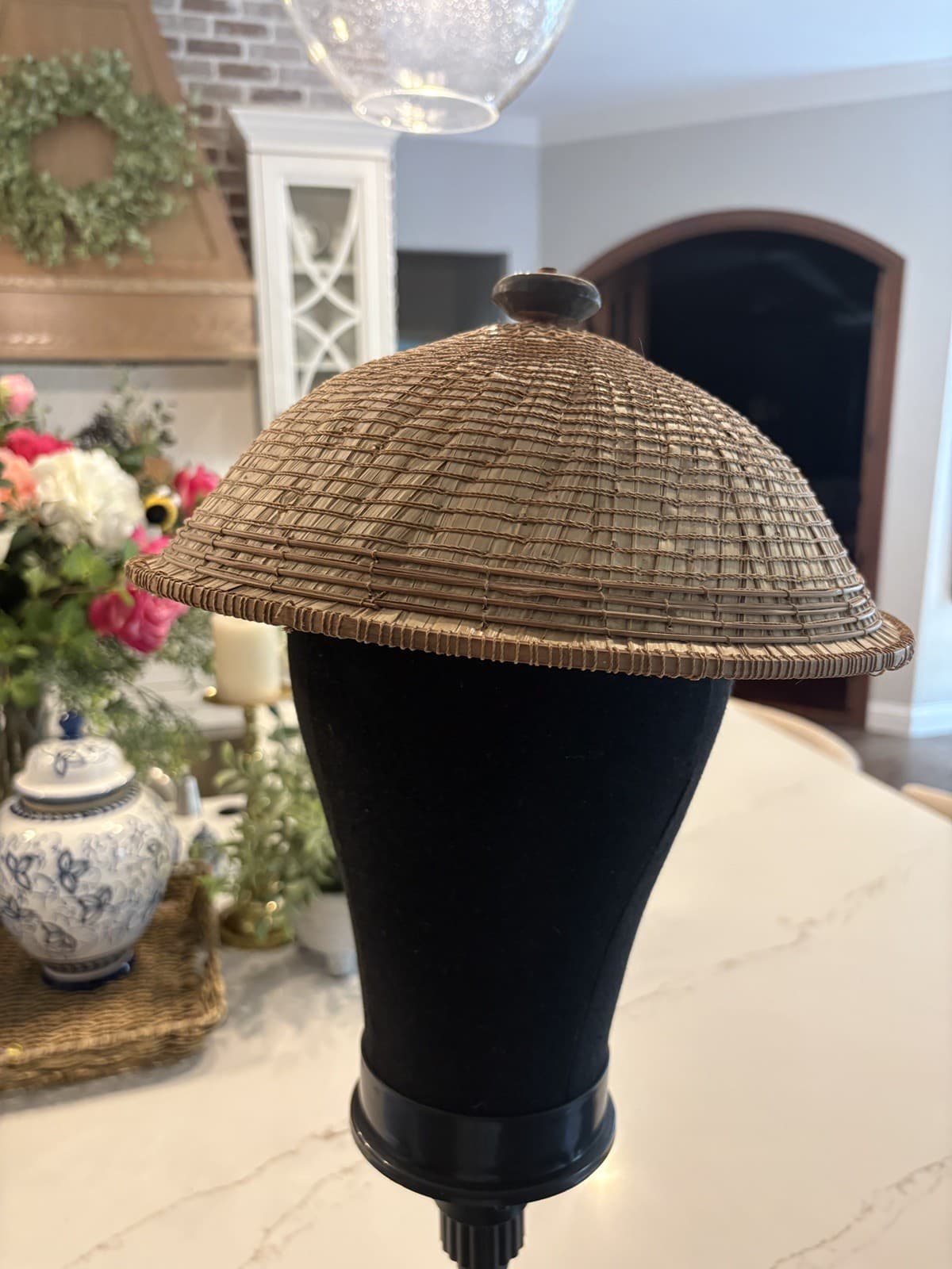 Vintage Handwoven Bamboo Conical Hat Boho Wall Decor Folk Art Woven Basket - Thumbnail 4