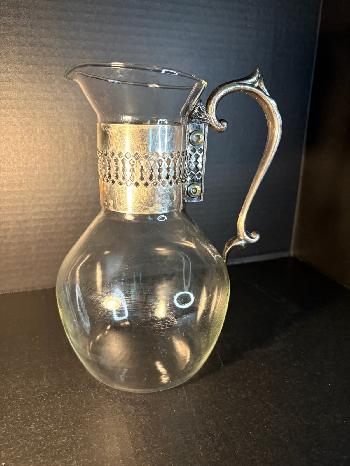 Corning Heat Resistant Glass Carafe Silver Plated Ornate Filigree Handle