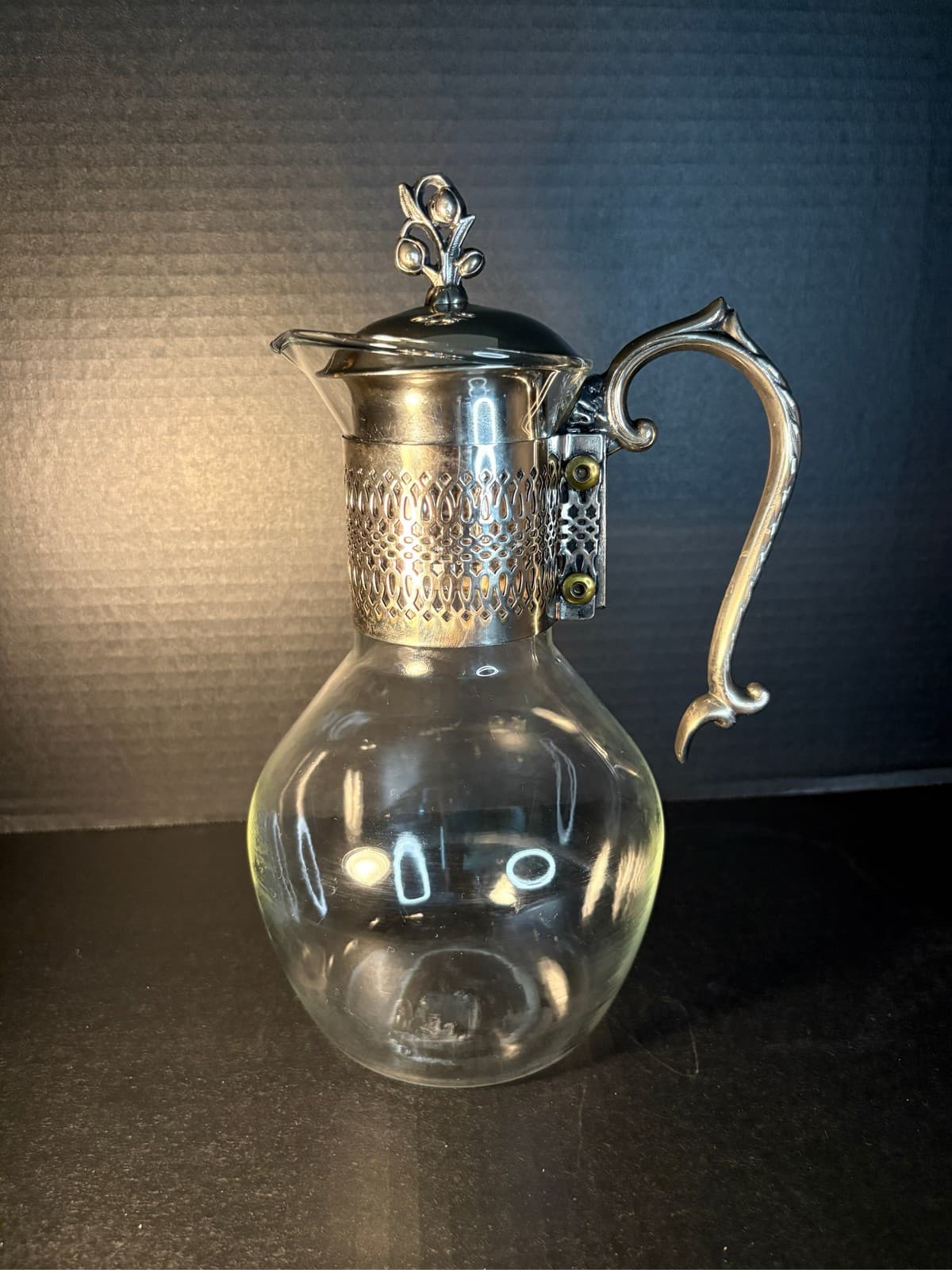 Silver Plated and Glass Claret Decanter Pitcher Carafe with Lid
