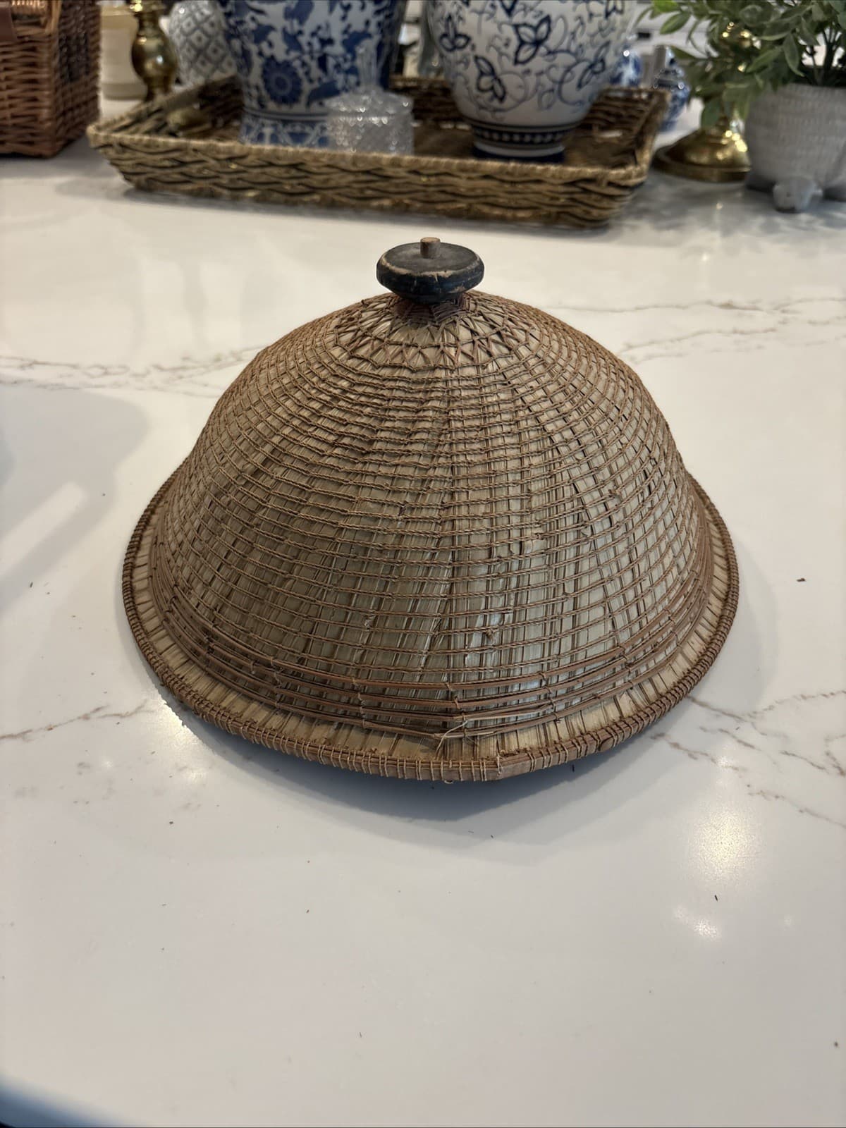 Vintage Handwoven Bamboo Conical Hat Boho Wall Decor Folk Art Woven Basket