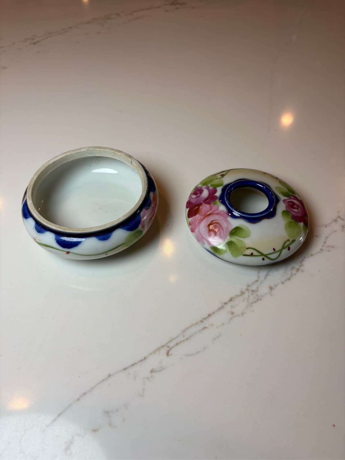 Nippon Porcelain Hair Receiver Hand Painted Roses Floral Cobalt Trim - Thumbnail 2