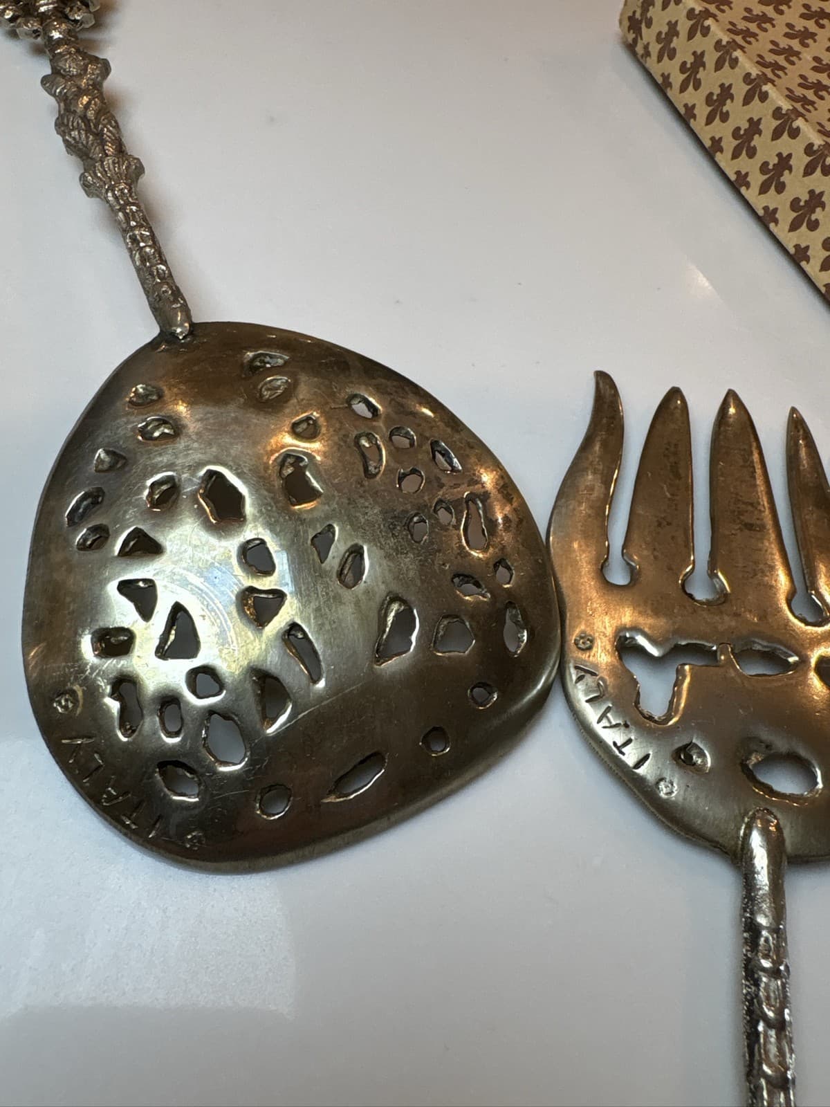 UGO BELLINI Italian Salad Serving Set Ornate Cherub Spoon Fork Pierced w/box - Thumbnail 6