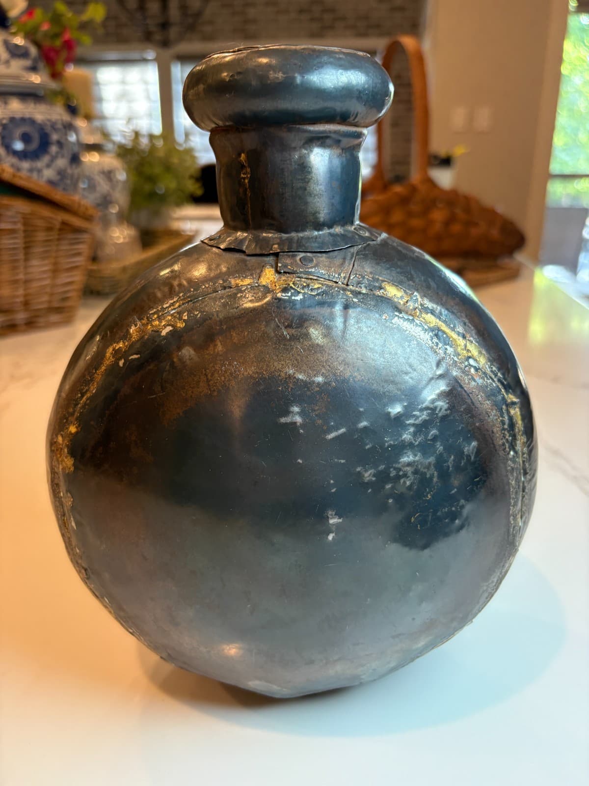 ANTIQUE HANDMADE DOVETAILED WROUGHT STEEL IRON CANTEEN WATER BOTTLE FLASK JUG