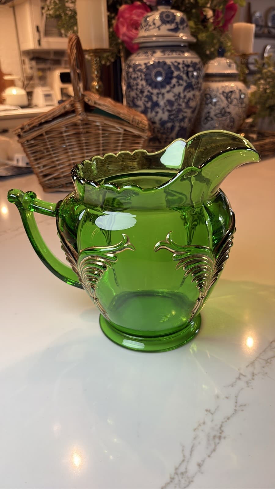 Riverside Glass Esther Pattern Emerald Green Gold Trim Water Pitcher