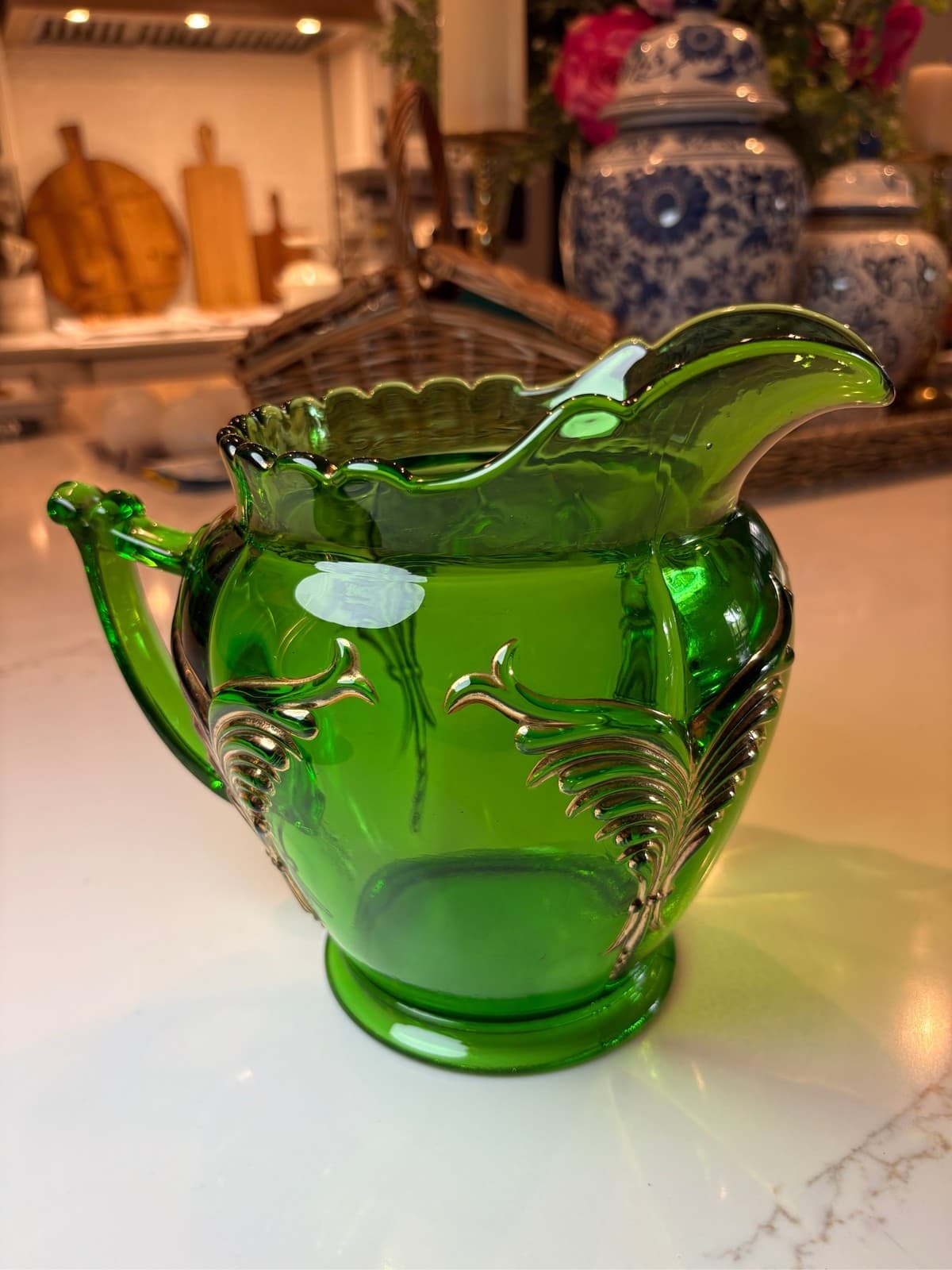Riverside Glass Esther Pattern Emerald Green Gold Trim Water Pitcher - Thumbnail 4
