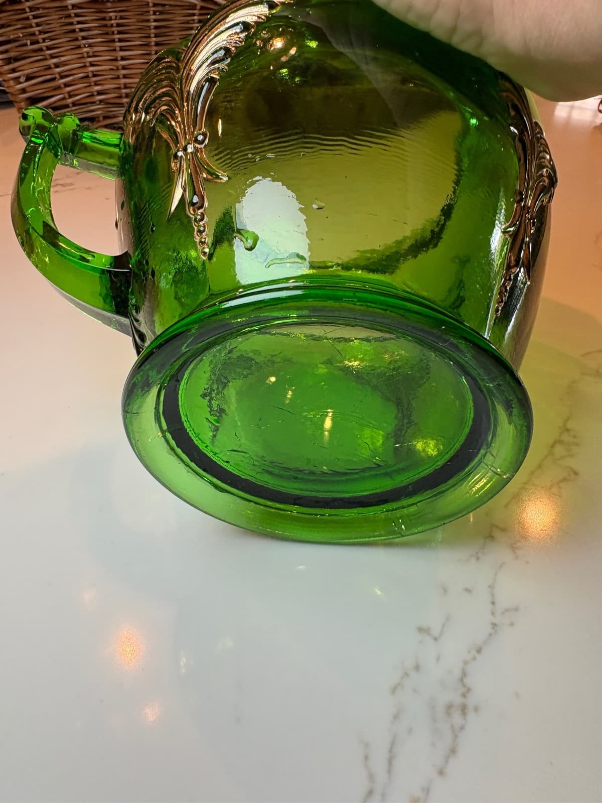 Riverside Glass Esther Pattern Emerald Green Gold Trim Water Pitcher - Thumbnail 3