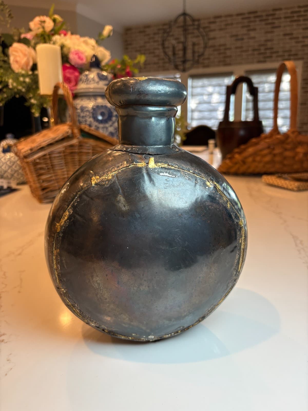 ANTIQUE HANDMADE DOVETAILED WROUGHT STEEL IRON CANTEEN WATER BOTTLE FLASK JUG - Thumbnail 6
