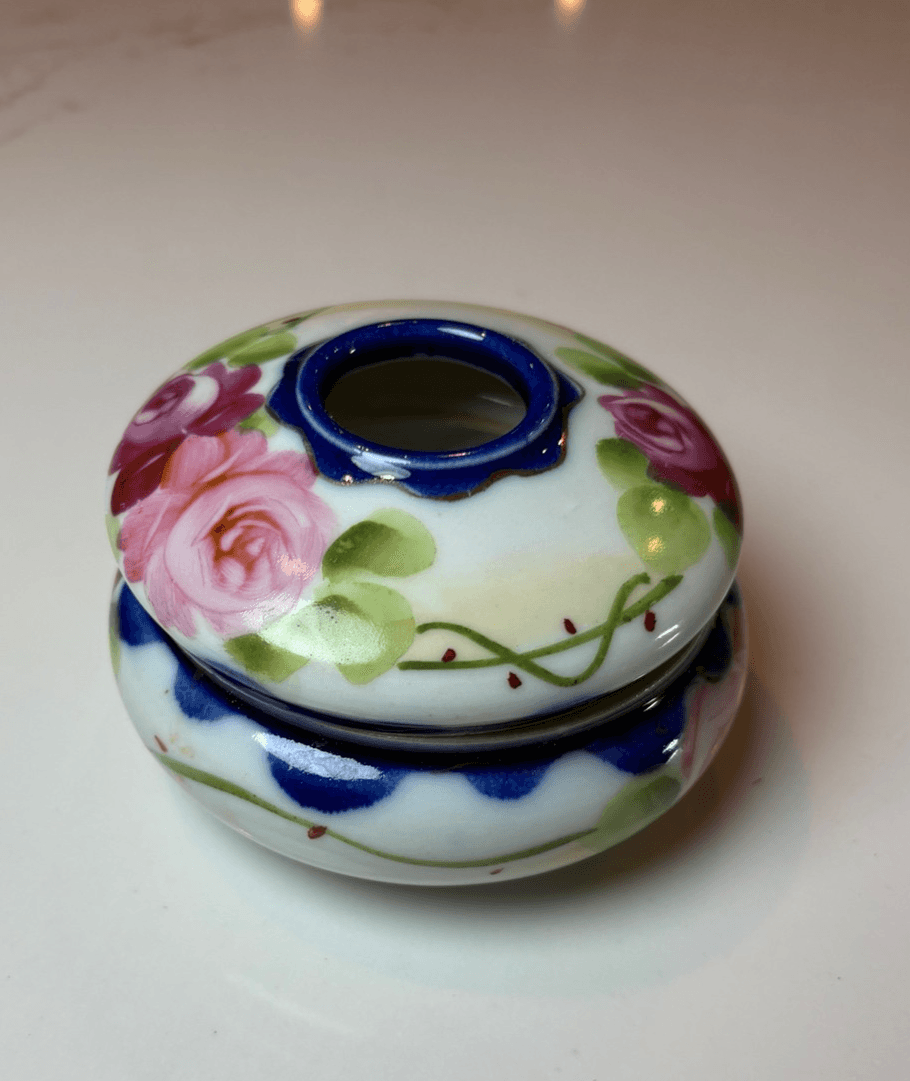 Nippon Porcelain Hair Receiver Hand Painted Roses Floral Cobalt Trim