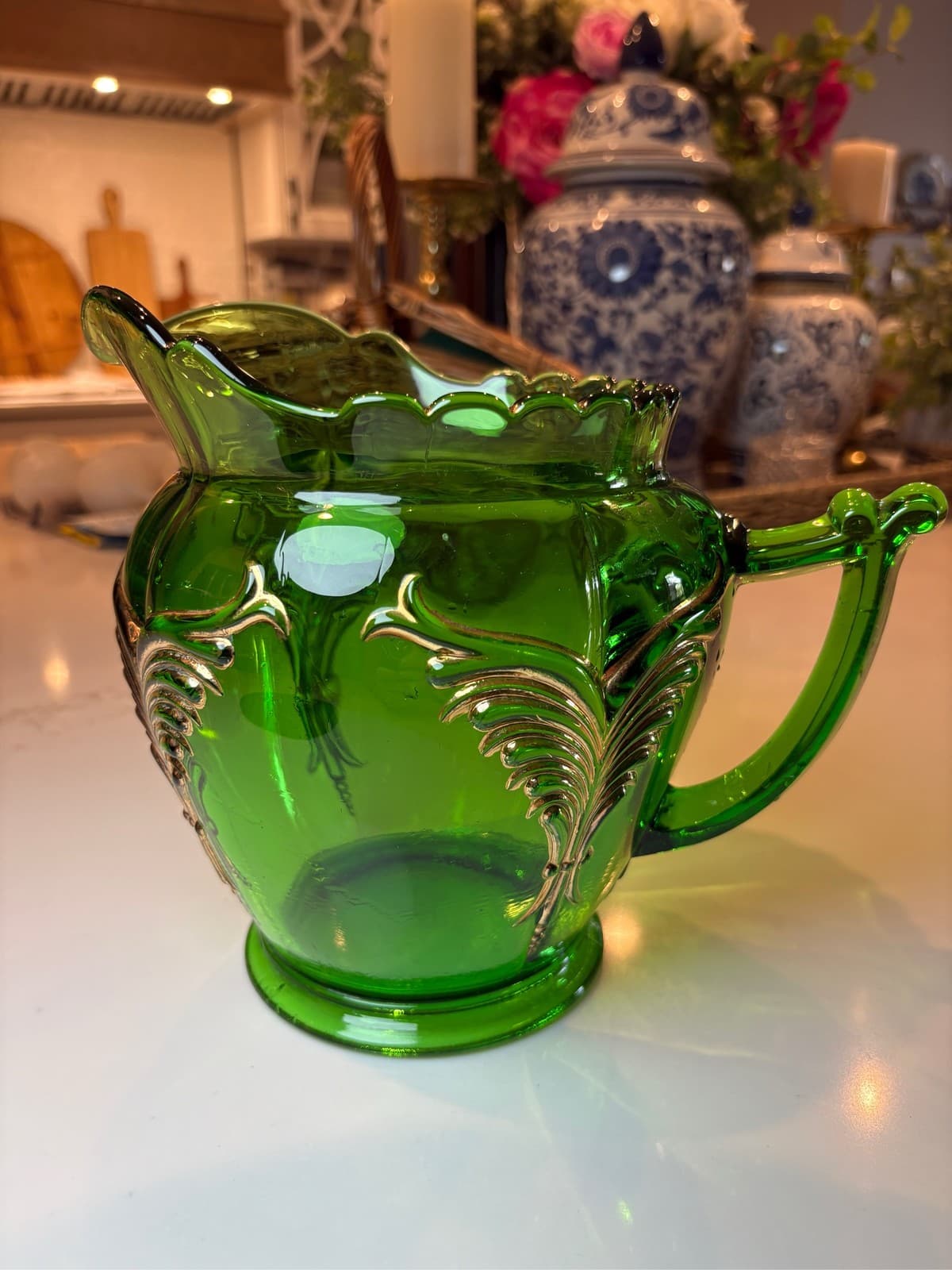 Riverside Glass Esther Pattern Emerald Green Gold Trim Water Pitcher - Thumbnail 2