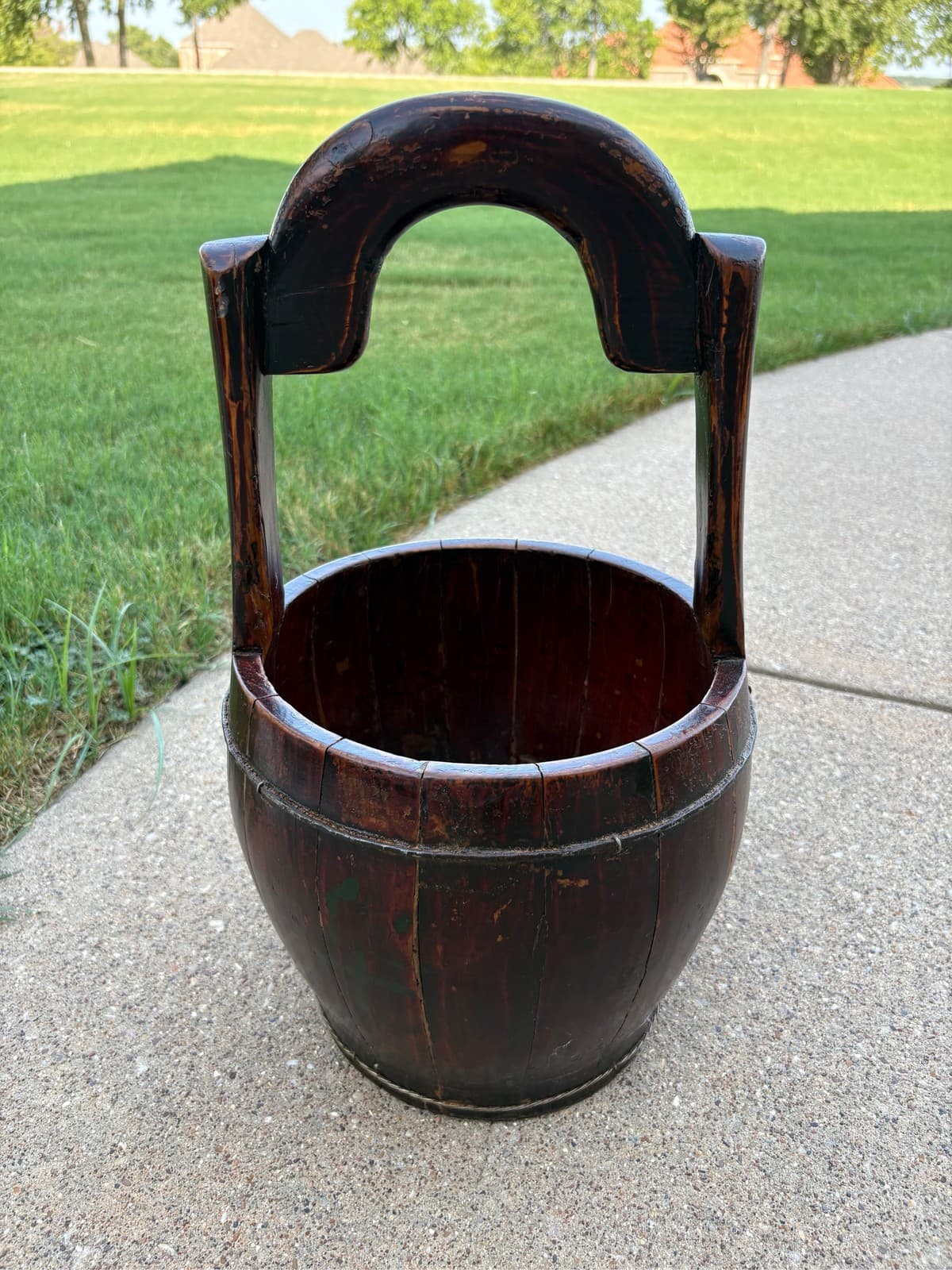 Chinese Wooden Rice Harvest Bucket Handled Metal Bound Grain Basket - Thumbnail 2