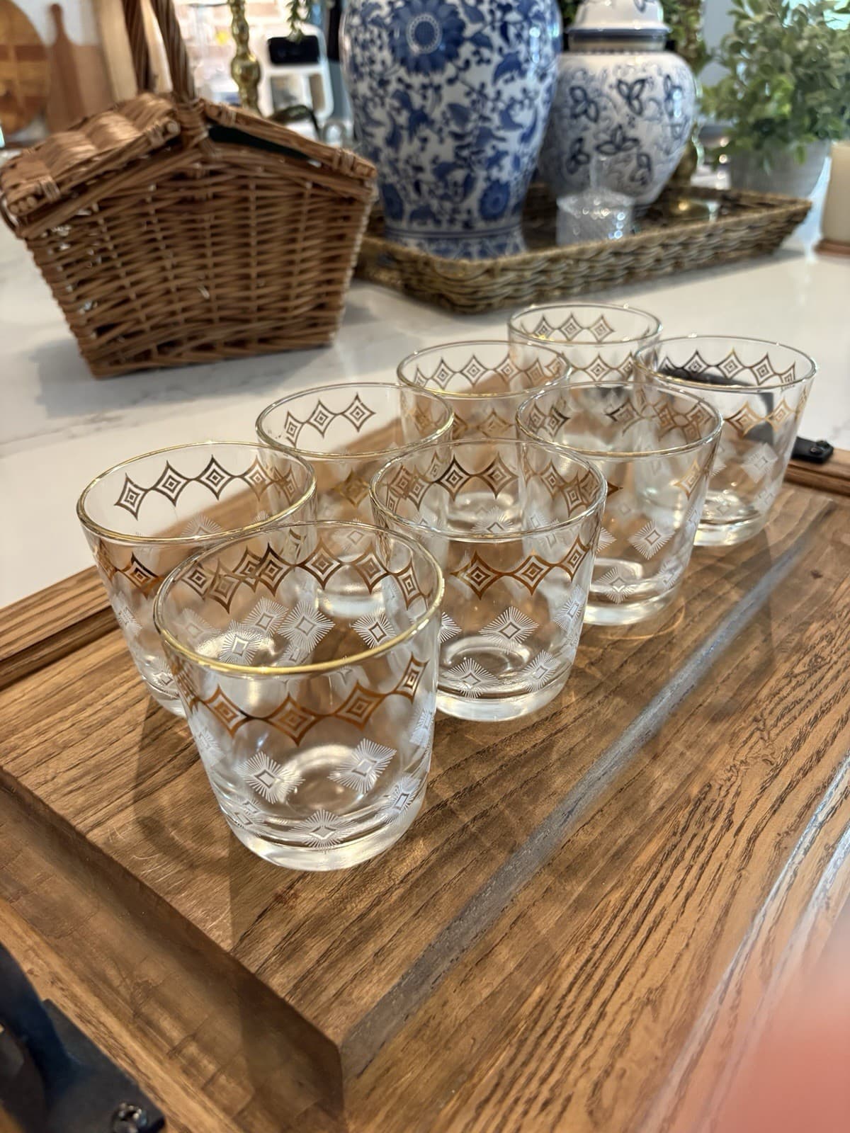 MCM Mid-Century Libbey Gold White Diamond Atomic Rocks Glasses Set of 8 Barware - Thumbnail 2