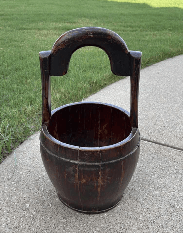 Chinese Wooden Rice Harvest Bucket Handled Metal Bound Grain Basket