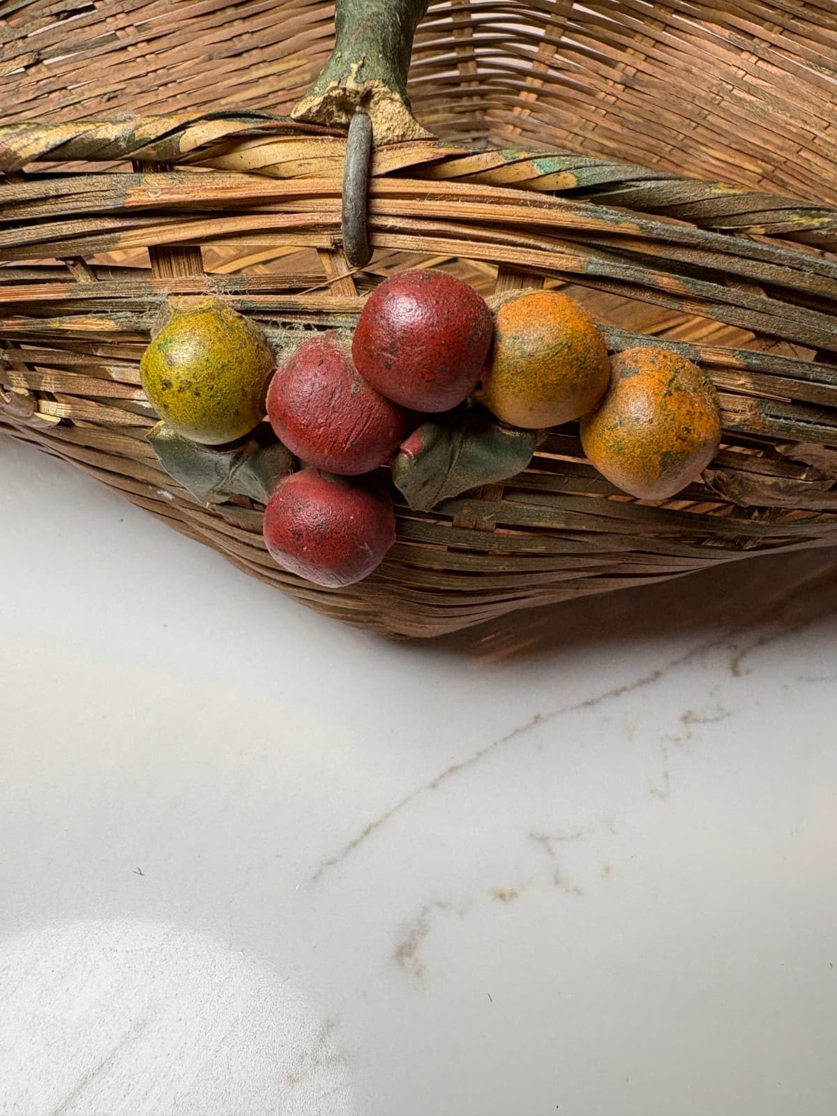 Vintage Barbola Style Gesso Fruit Wicker Basket Cottage French Country Decor - Thumbnail 3