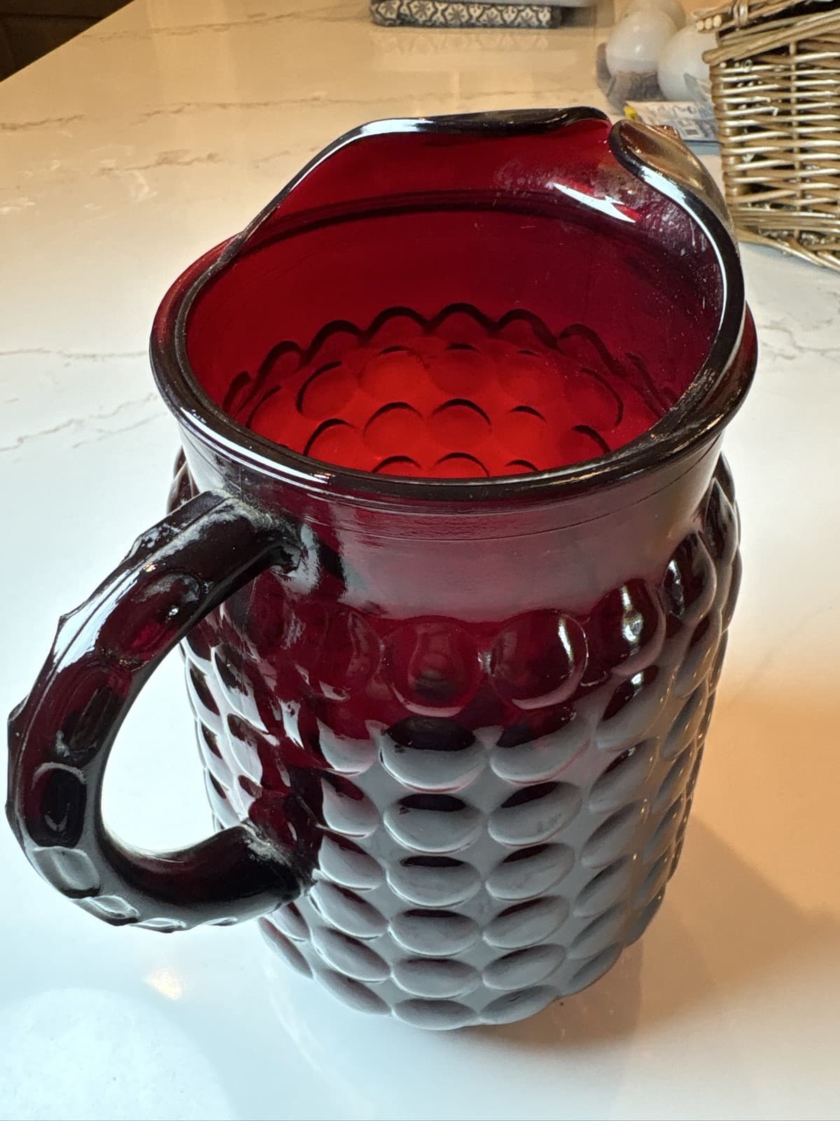 Anchor Hocking Royal Ruby Hobnail Glass Pitcher Vintage Red Water Juice Vase - Thumbnail 2