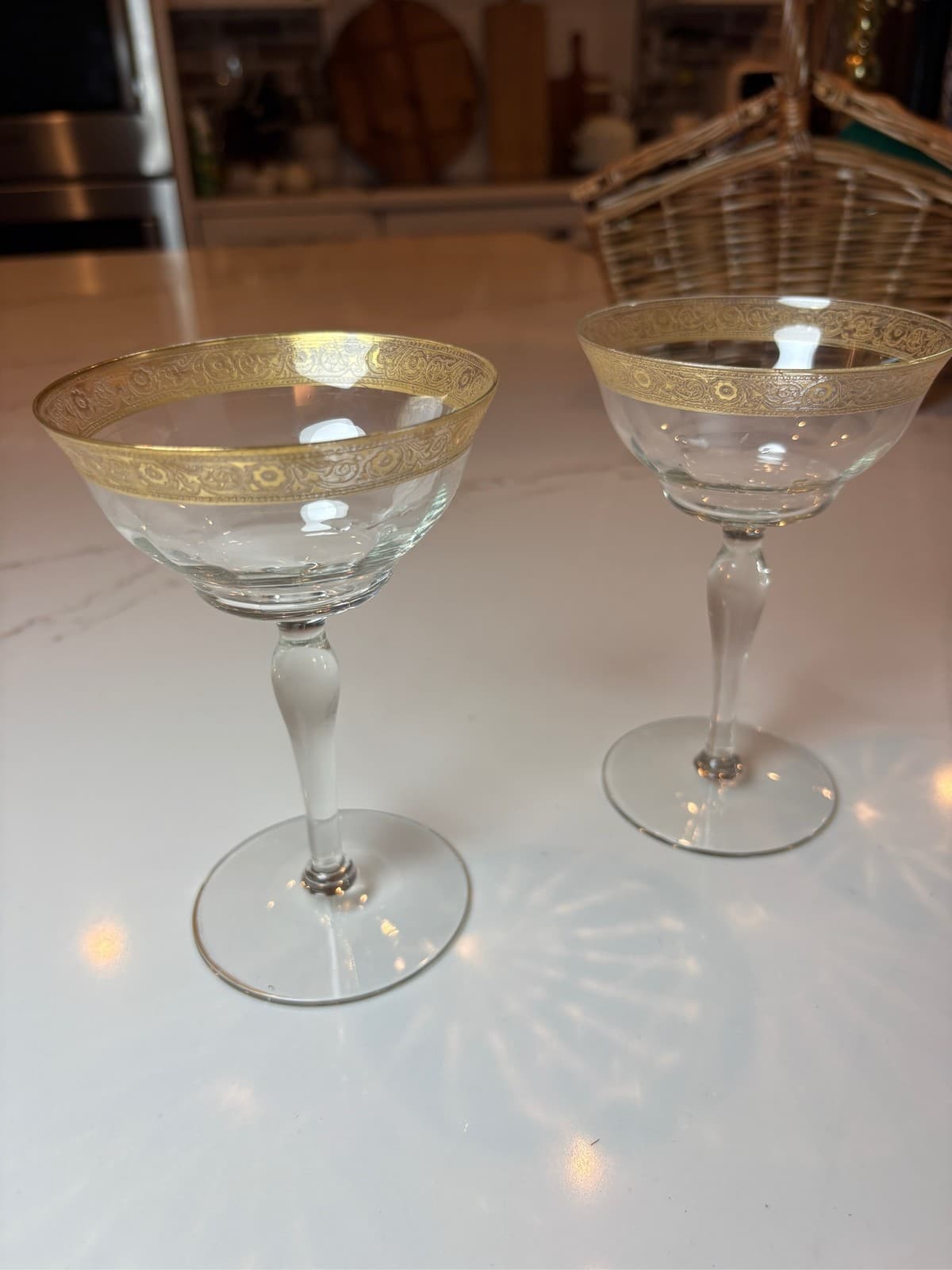 Pair Tiffin Franciscan Gold Encrusted Champagne Coupe Glasses