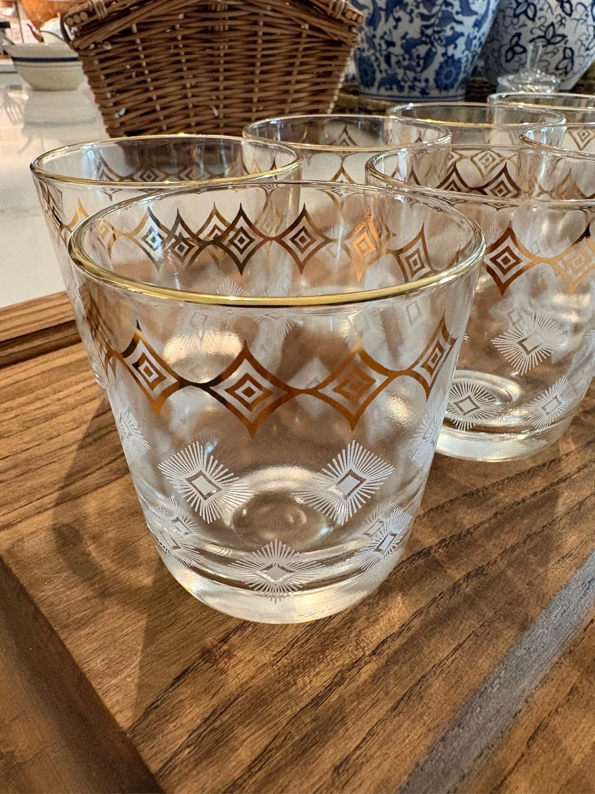 MCM Mid-Century Libbey Gold White Diamond Atomic Rocks Glasses Set of 8 Barware