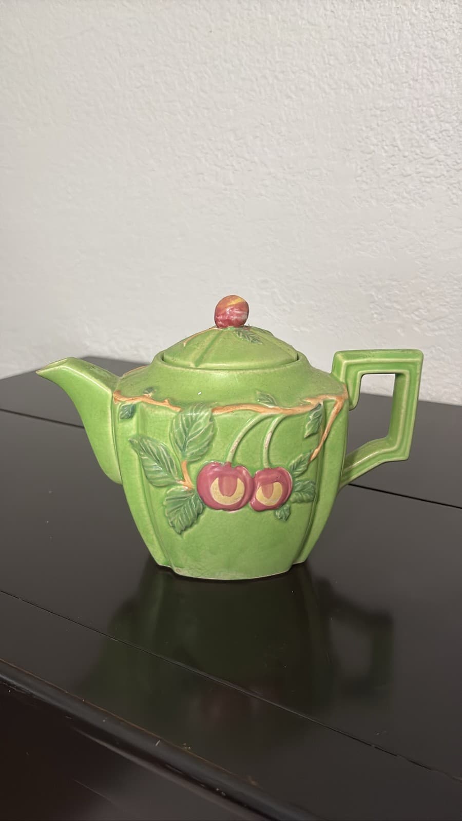 Carlton Ware British Green Ceramic Teapot Cherry Relief Art Deco Handle Lid
