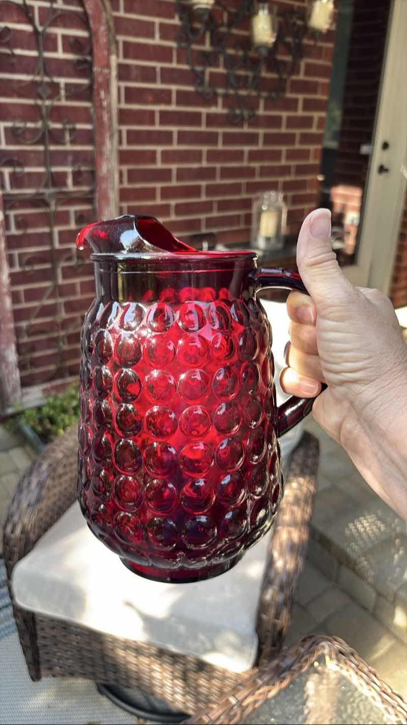Anchor Hocking Royal Ruby Hobnail Glass Pitcher Vintage Red Water Juice Vase