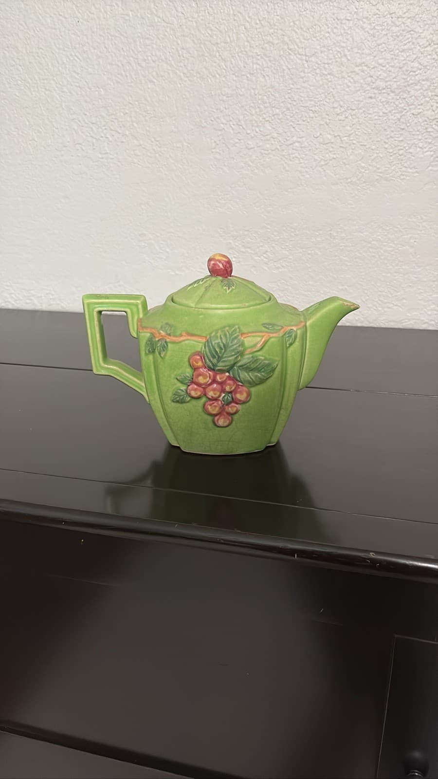 Carlton Ware British Green Ceramic Teapot Cherry Relief Art Deco Handle Lid - Thumbnail 2