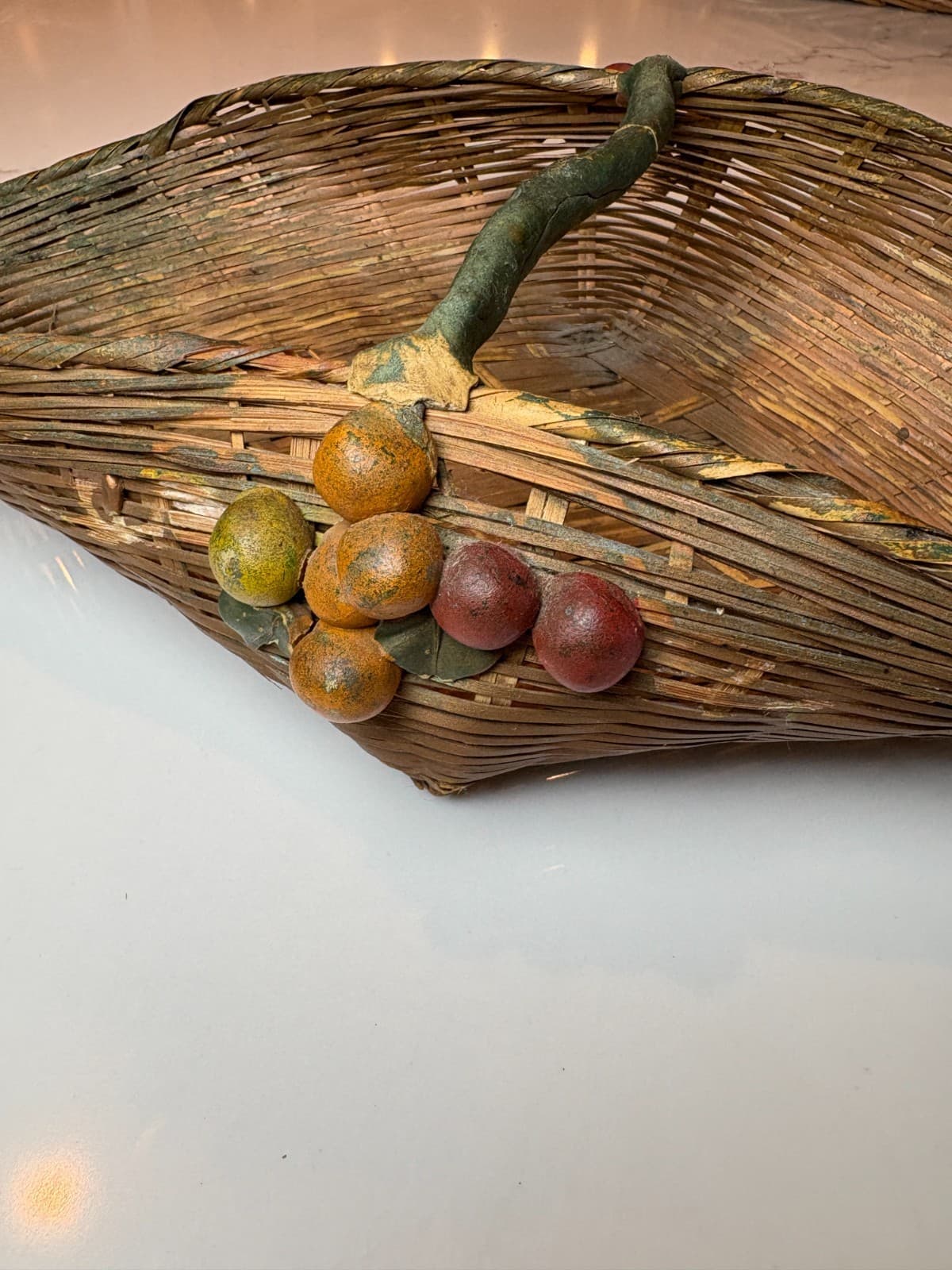 Vintage Barbola Style Gesso Fruit Wicker Basket Cottage French Country Decor - Thumbnail 5