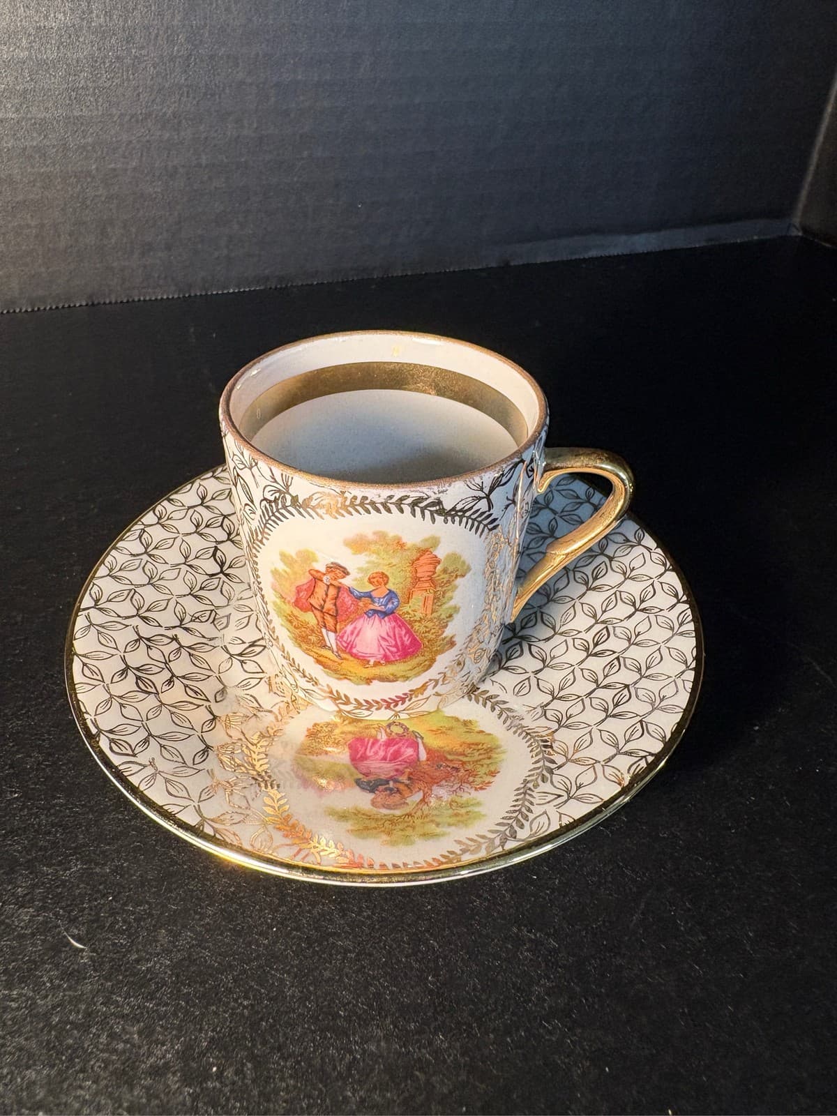 Limoges France Fragonard Demitasse Cup Saucer Gold Courting Couple - Thumbnail 2