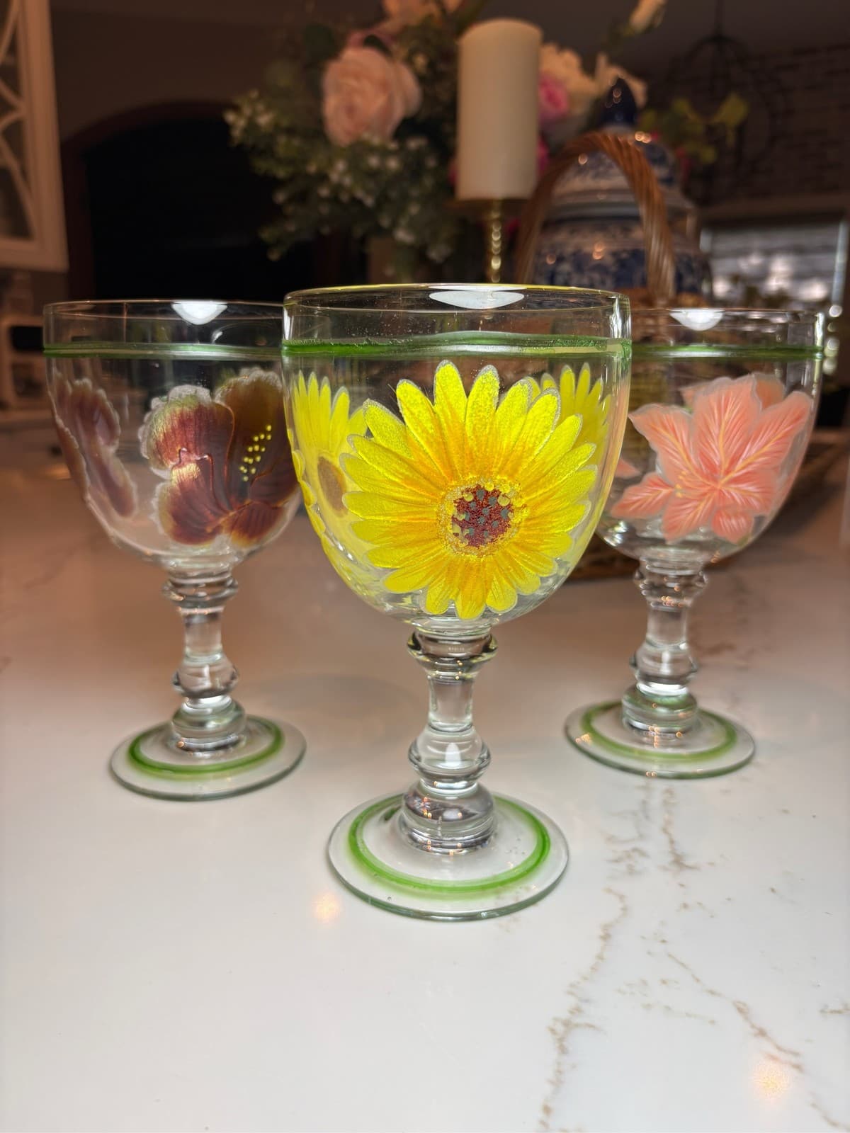 Set of 3 Luminarc France Floral Wine Glasses Hand Painted Stemware Sangria 7"